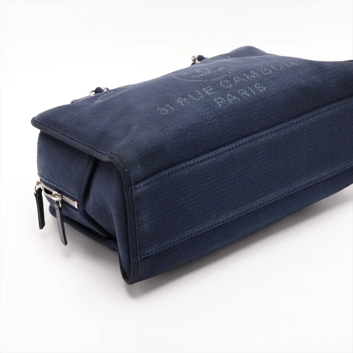 Deauville Canvas x Leather 2-Way Handbag, Navy, Silver Hardware, CEHHA56A, Random Plate — view 4