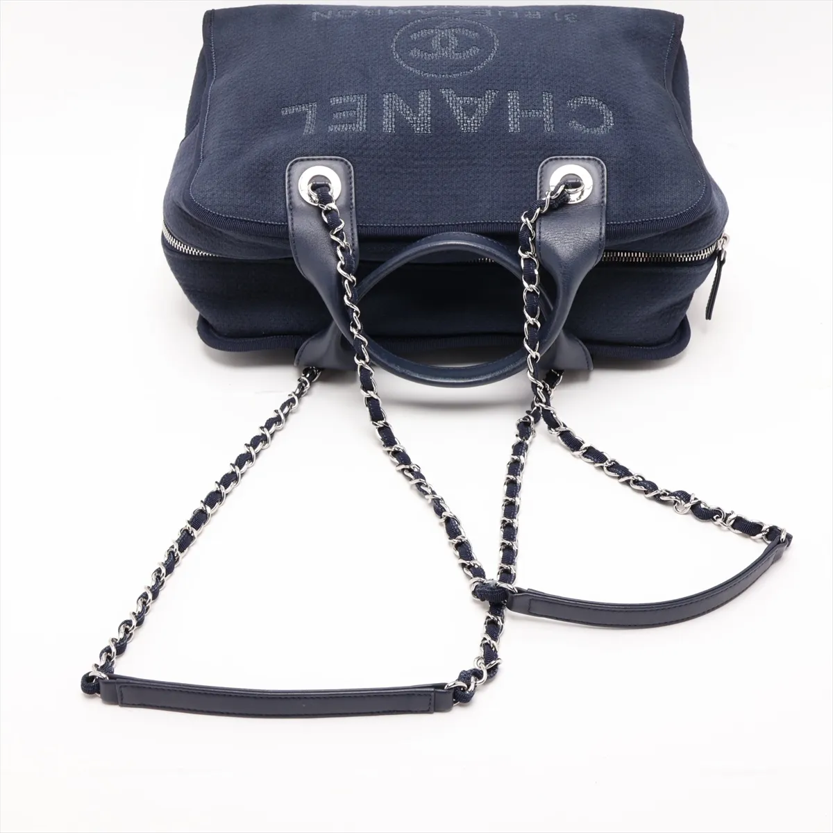 Deauville Canvas x Leather 2-Way Handbag, Navy, Silver Hardware, CEHHA56A, Random Plate — view 5