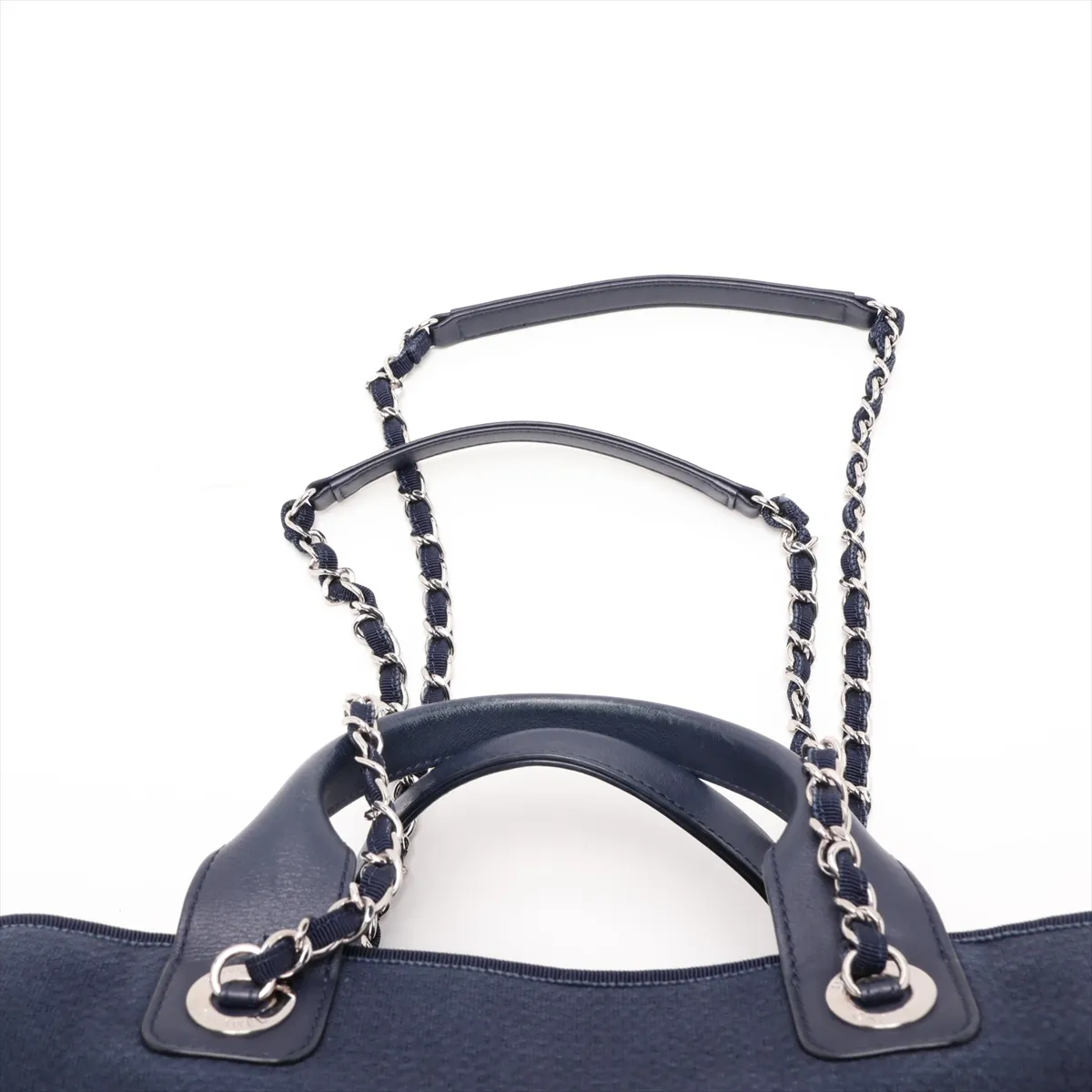 Deauville Canvas x Leather 2-Way Handbag, Navy, Silver Hardware, CEHHA56A, Random Plate — view 6
