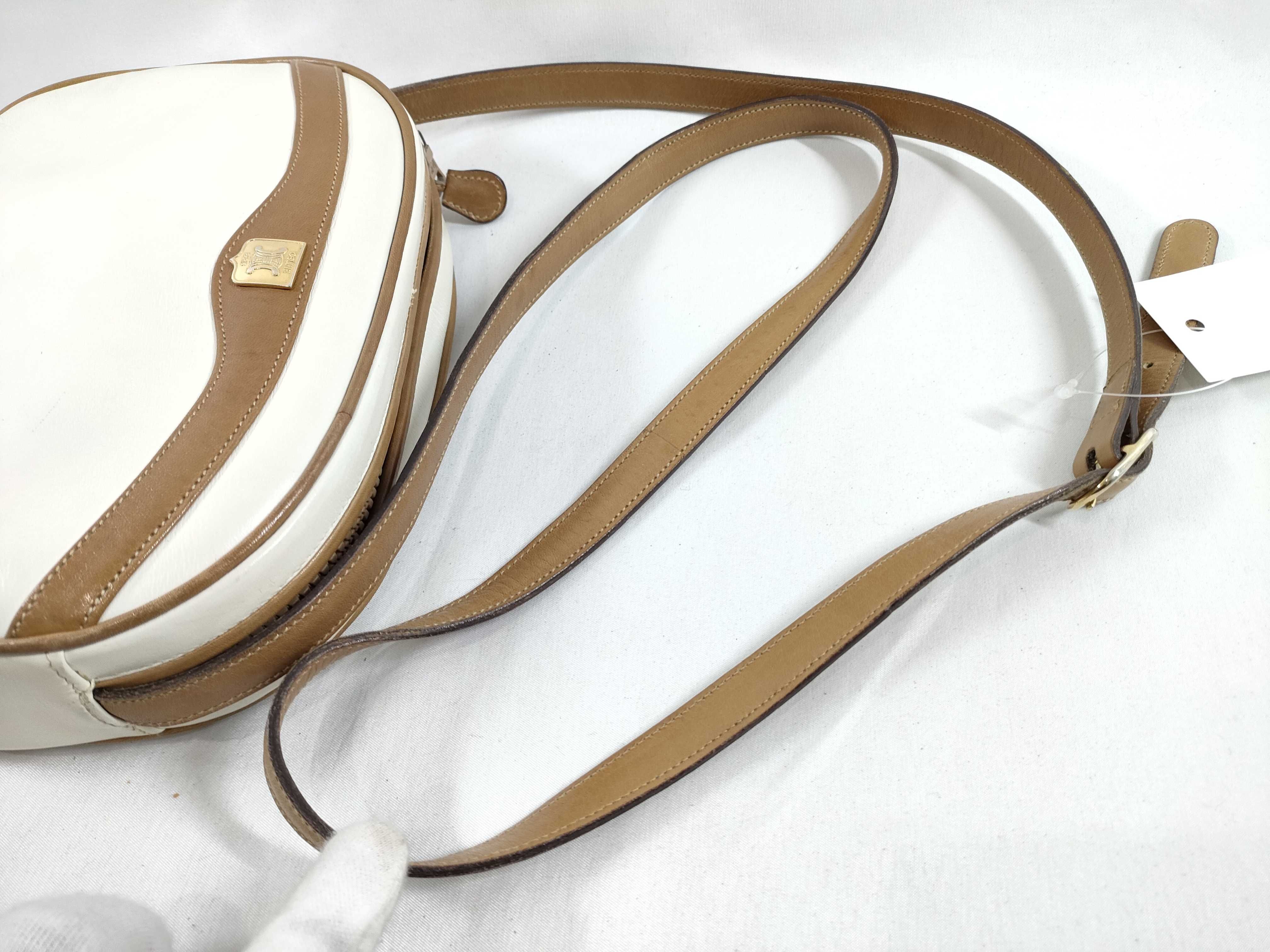 Leather Shoulder Bag, White x Brown — view 3