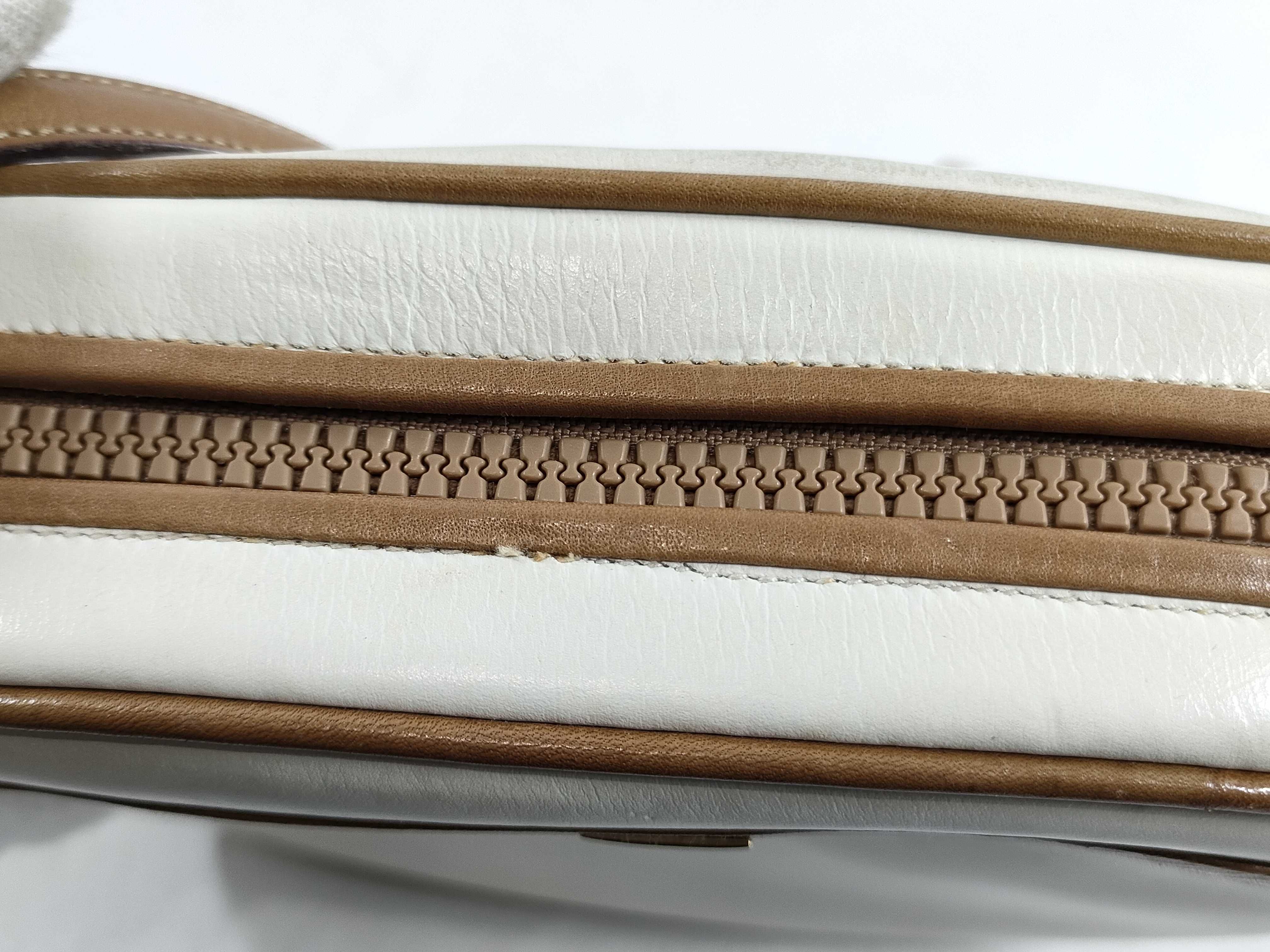 Leather Shoulder Bag, White x Brown — view 8
