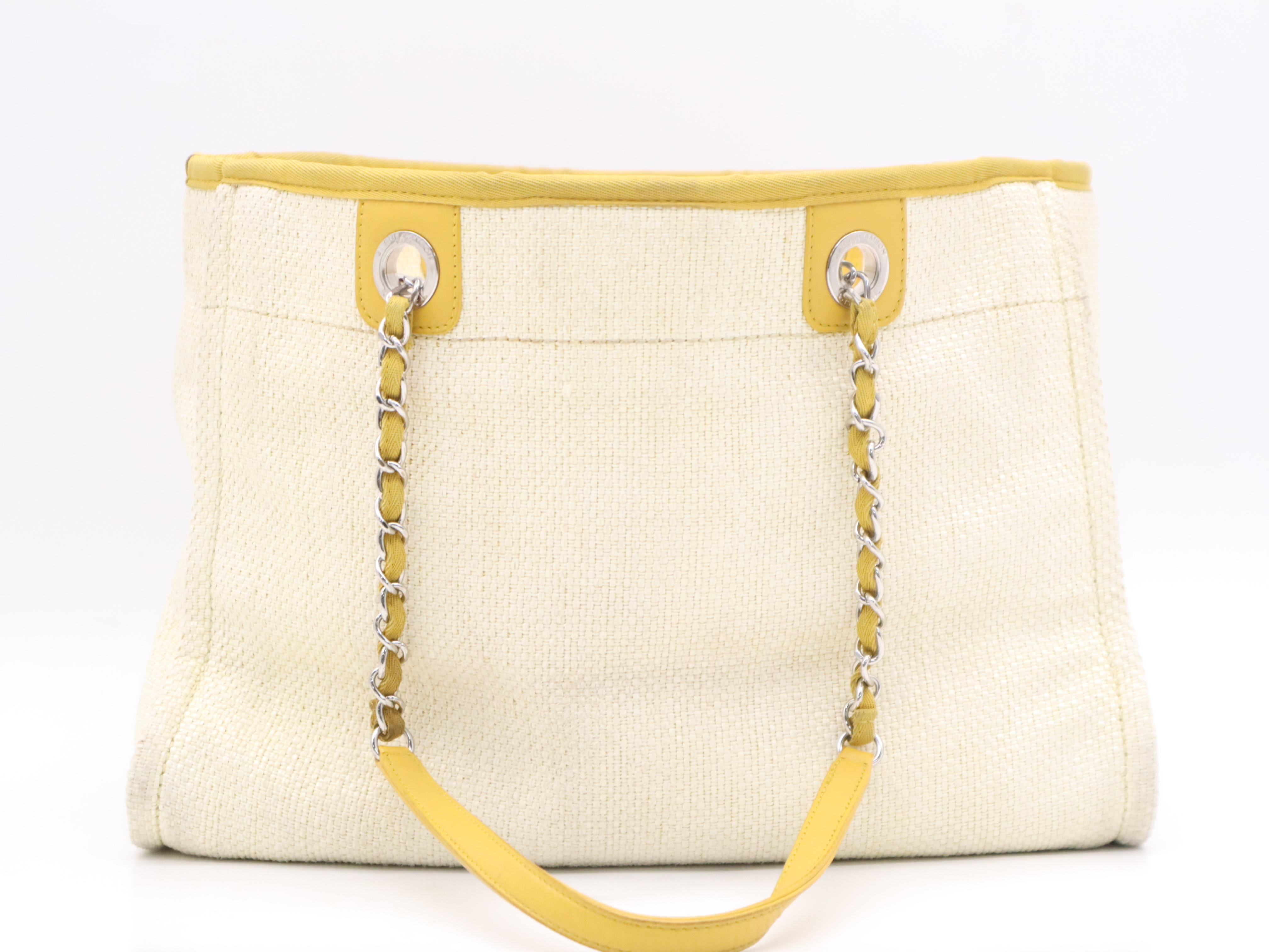 Straw/Leather Deauville MM Chain Shoulder Bag, Beige/Yellow, Silver Hardware, with Seal. — view 2