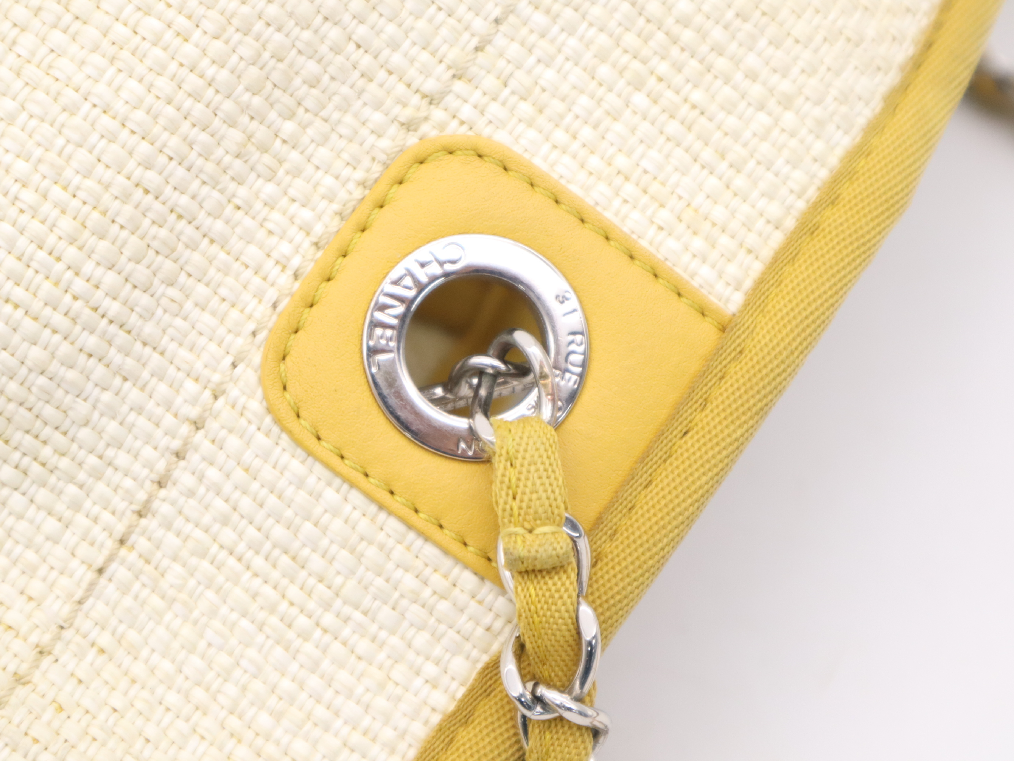 Straw/Leather Deauville MM Chain Shoulder Bag, Beige/Yellow, Silver Hardware, with Seal. — view 7