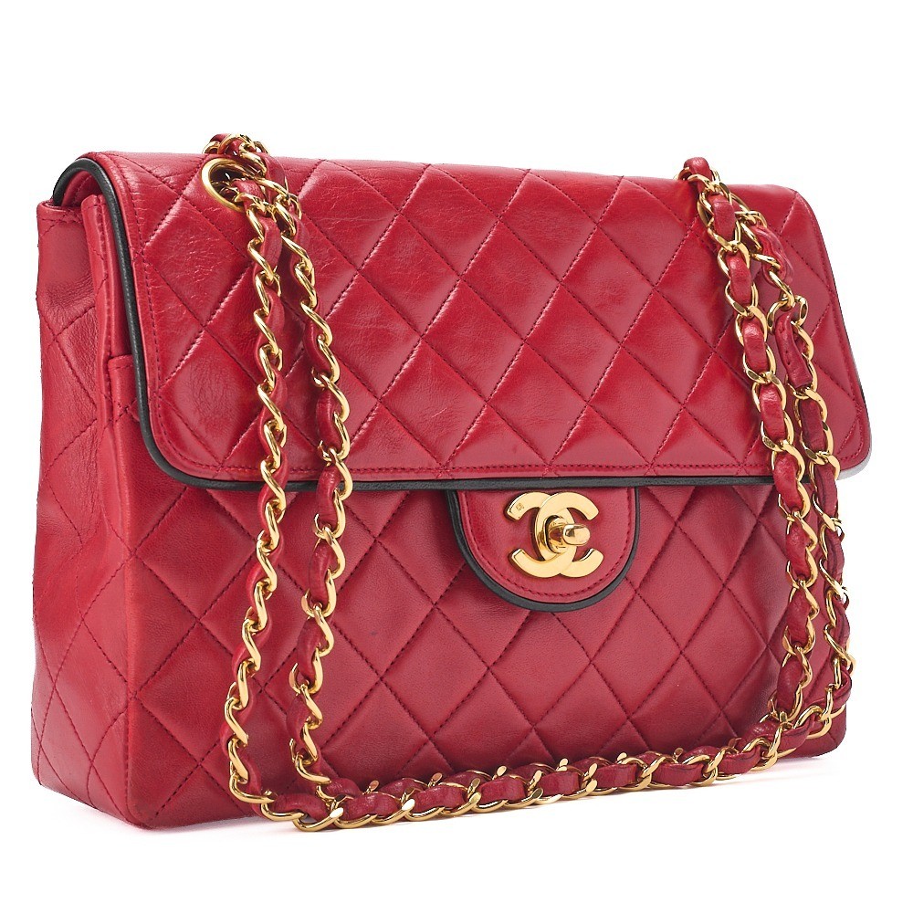 Lambskin Matelassé 2cm Single Flap Chain Shoulder Bag, Red — view 3
