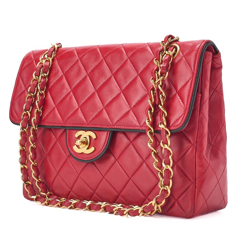 Lambskin Matelassé 2cm Single Flap Chain Shoulder Bag, Red — view 4