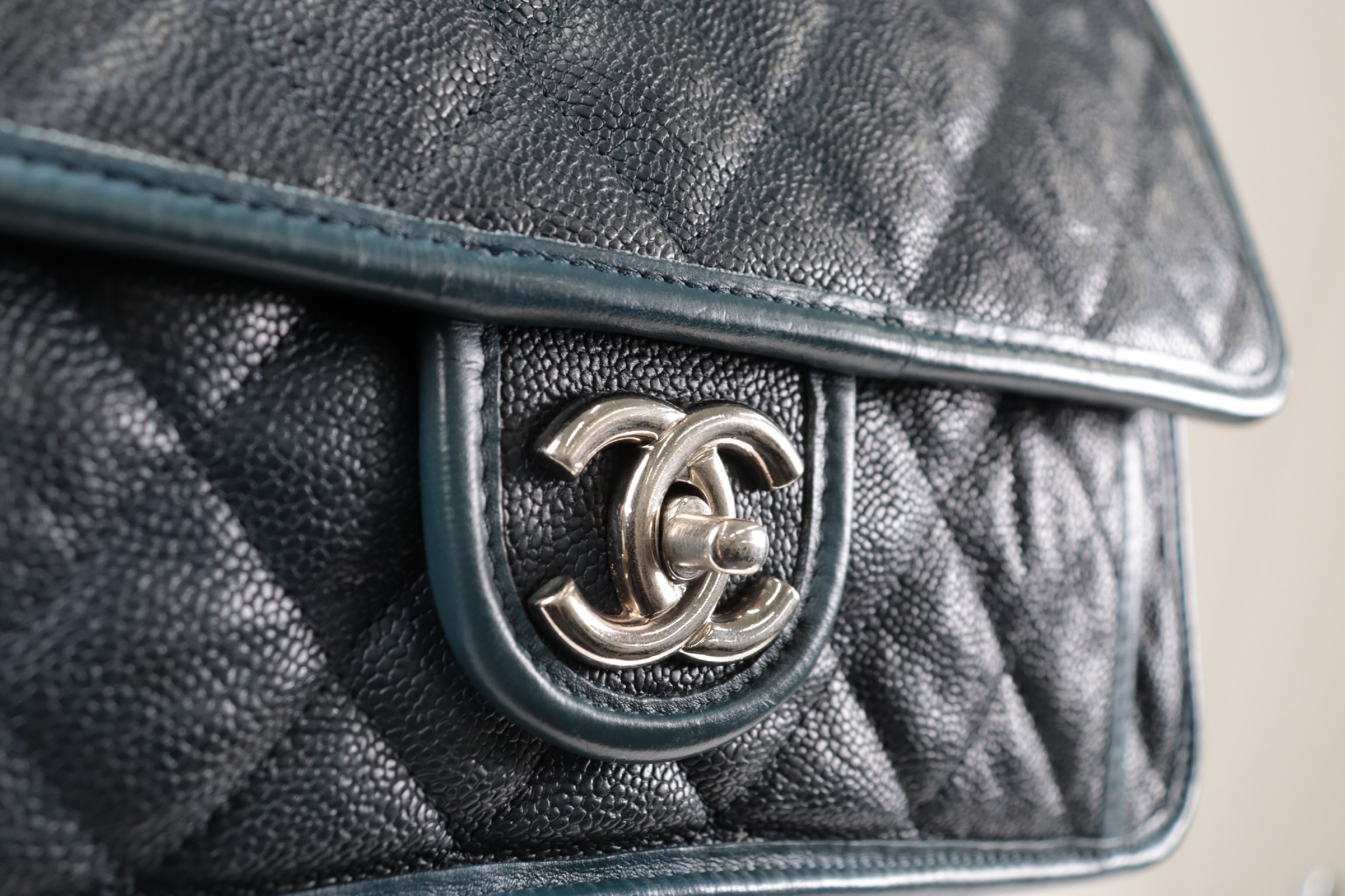 Caviar Chain Shoulder Bag, Navy, Silver Hardware, Serial Number 15 Series — view 8