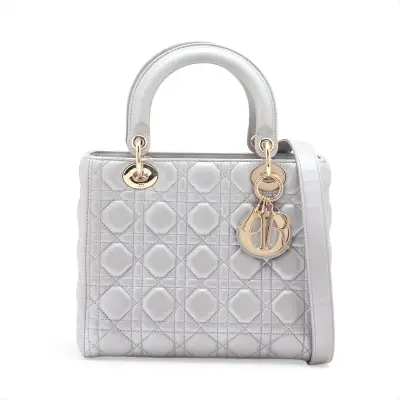 Cannage Lady Dior Leather 2-Way Handbag, Silver