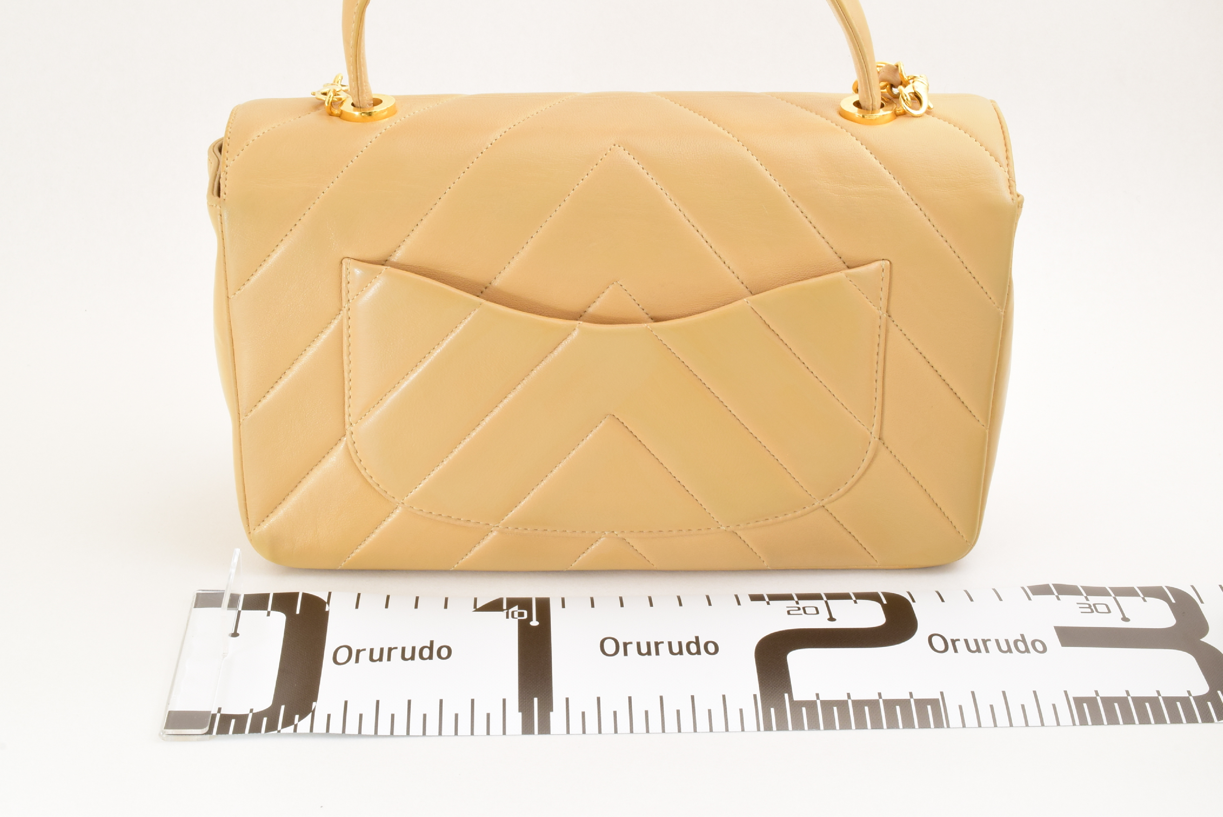 2-way Top Handle Chain Shoulder Bag, V-stitch, Lambskin, Beige — view 2