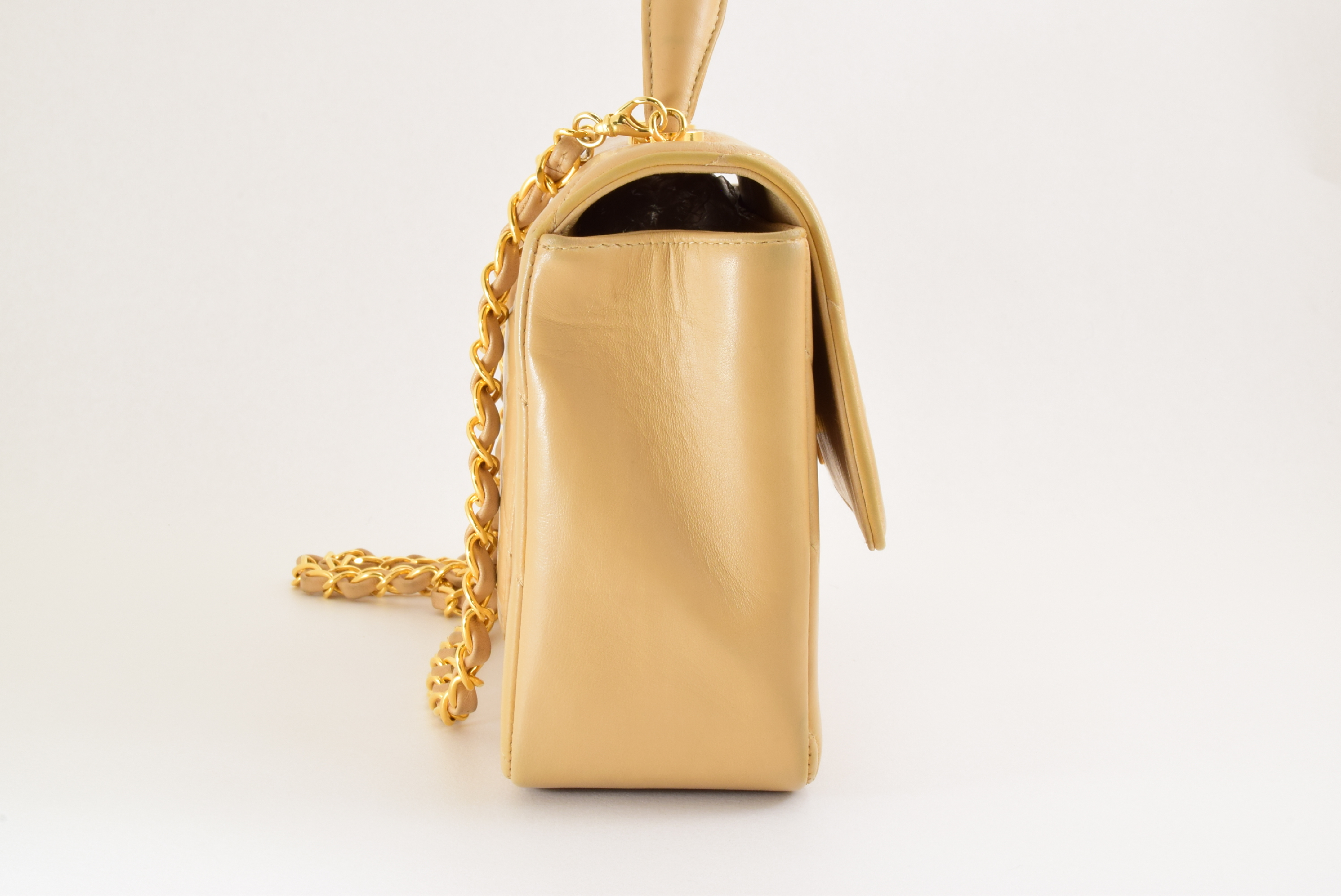 2-way Top Handle Chain Shoulder Bag, V-stitch, Lambskin, Beige — view 5