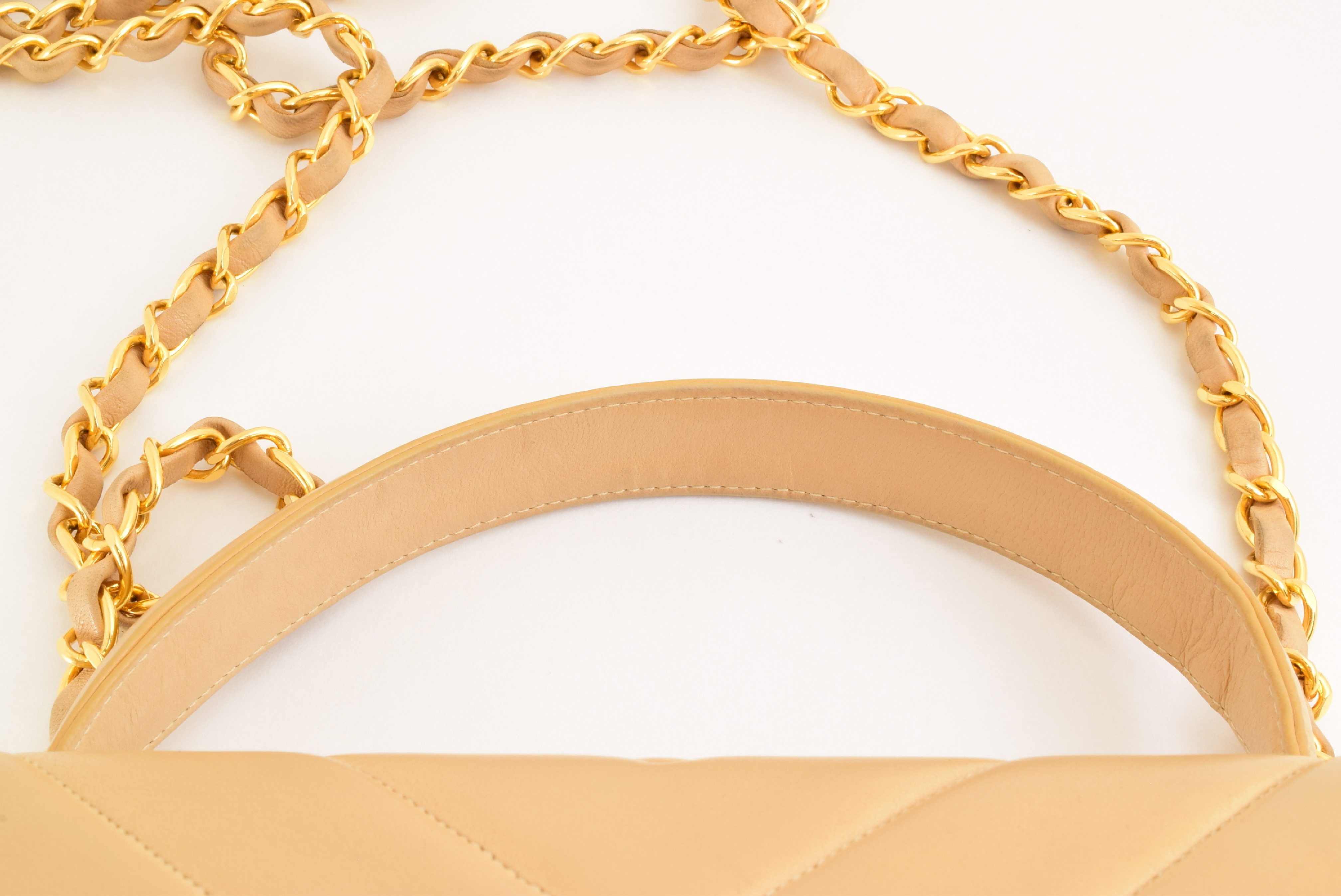 2-way Top Handle Chain Shoulder Bag, V-stitch, Lambskin, Beige — view 7