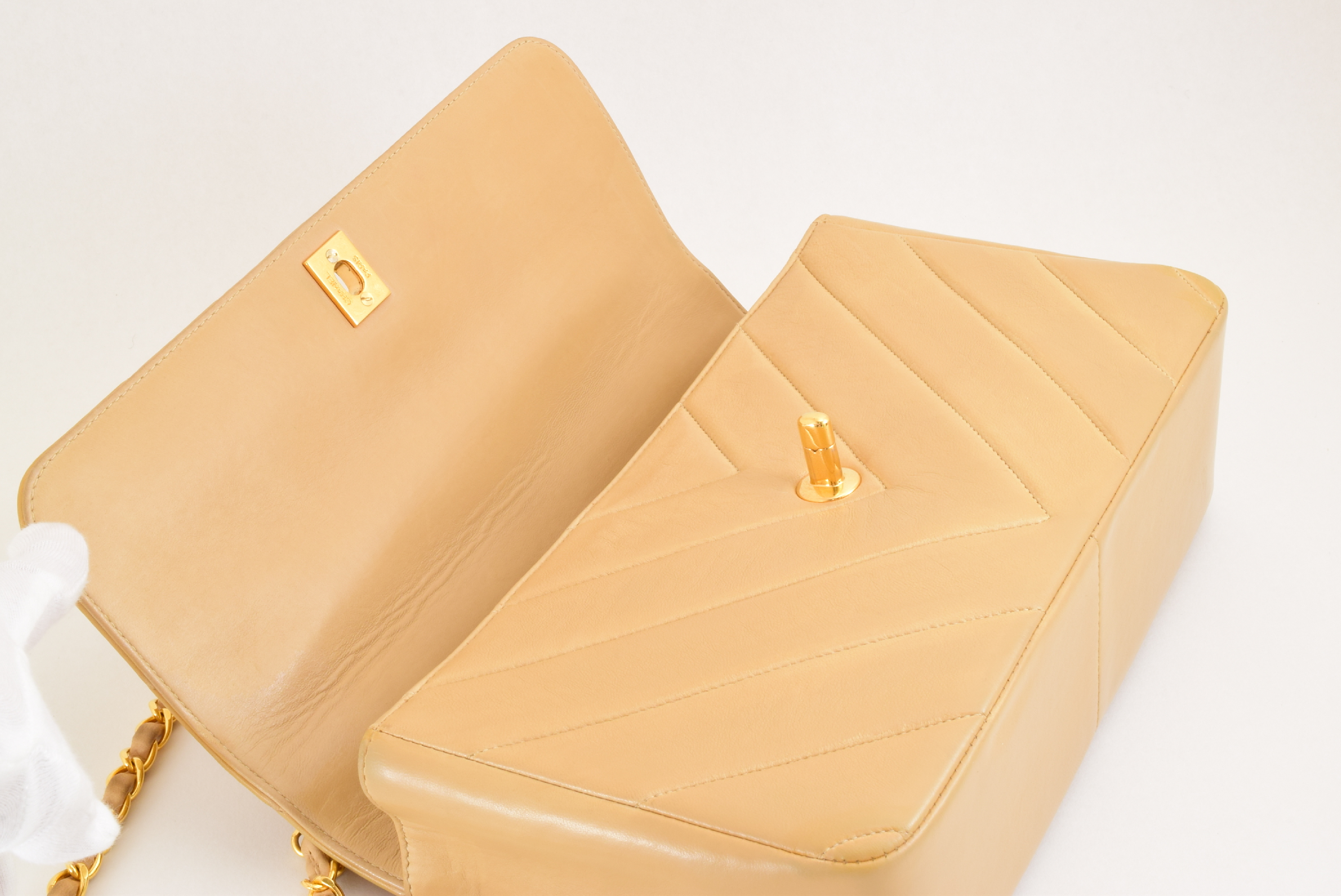 2-way Top Handle Chain Shoulder Bag, V-stitch, Lambskin, Beige — view 10