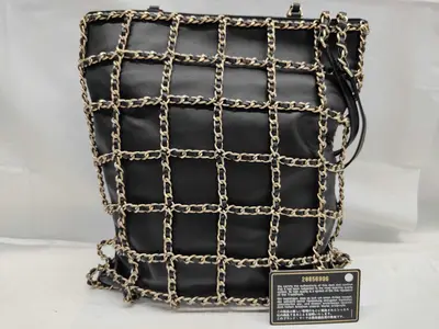 Chain Stitch Tote Bag, Black Lambskin, Silver Hardware.