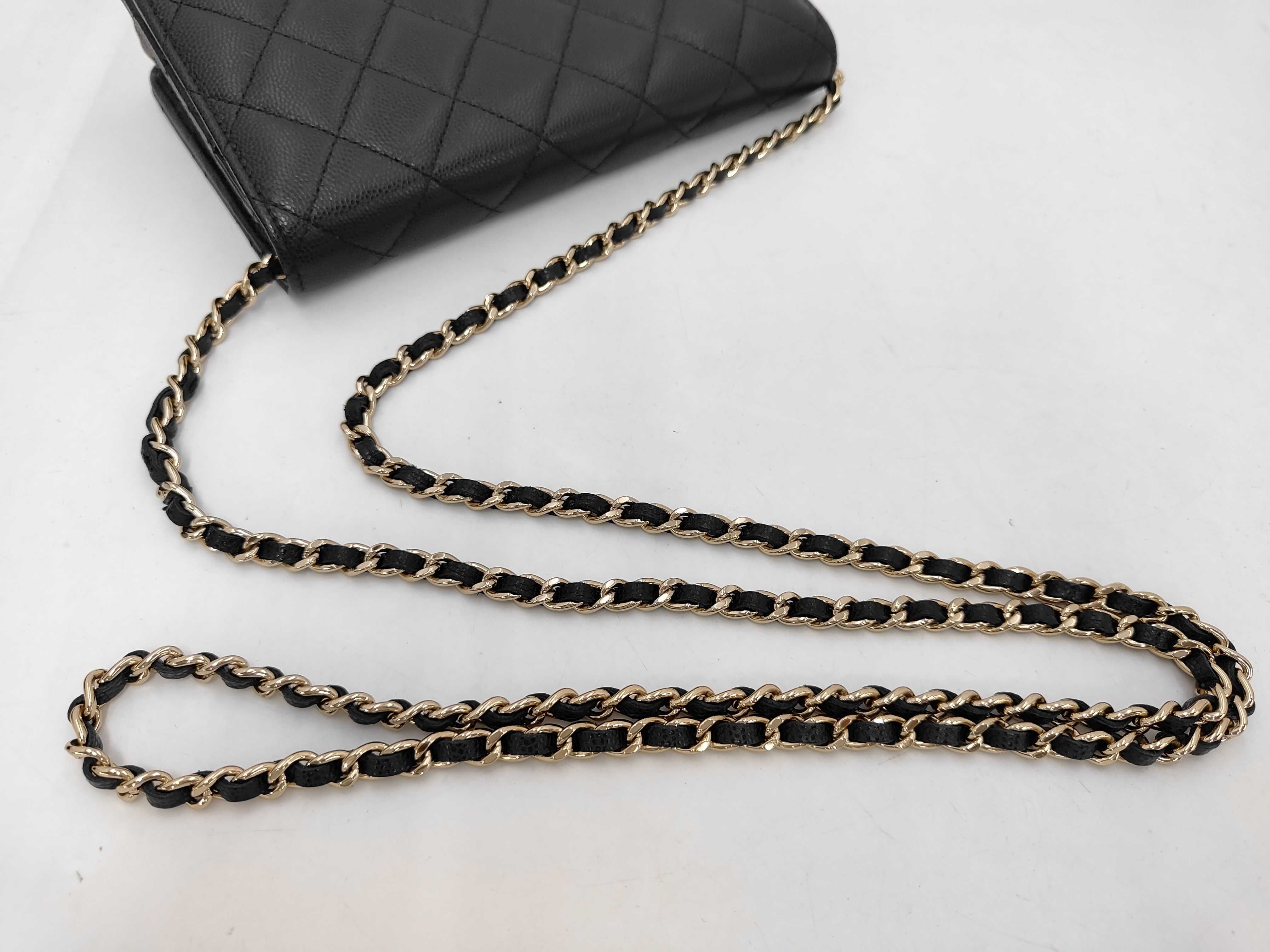 Matelassé Rhinestone Coco Mark Chain Wallet, Caviar Leather, Black, Gold Hardware, Shoulder Bag — view 8