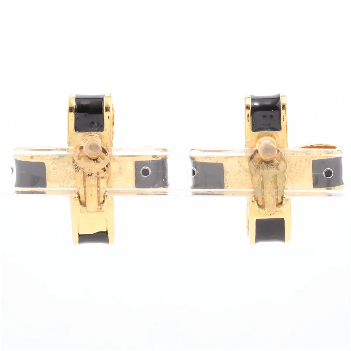 earrings (for both ears), gold-plated with faux pearls, gold and black finish. Shows signs of wear including — view 2