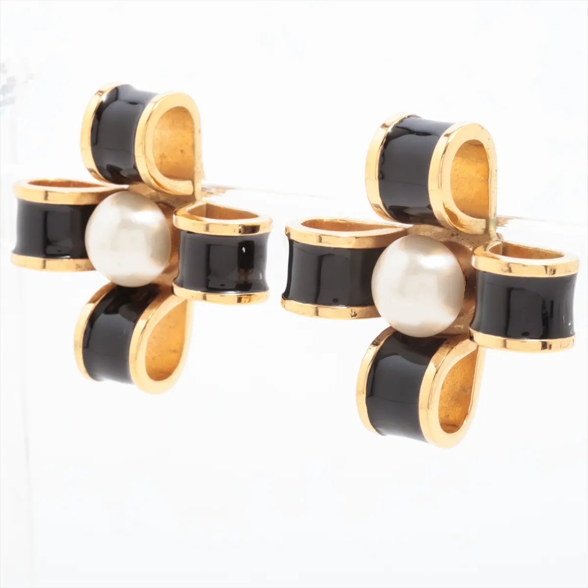 earrings (for both ears), gold-plated with faux pearls, gold and black finish. Shows signs of wear including — view 3