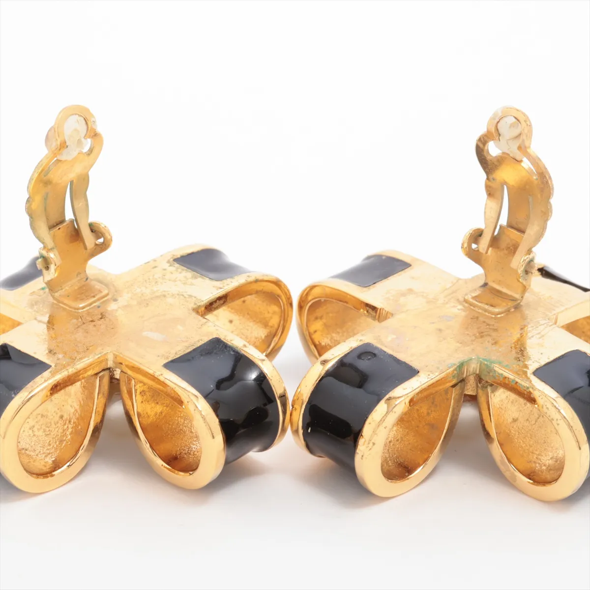 earrings (for both ears), gold-plated with faux pearls, gold and black finish. Shows signs of wear including — view 4