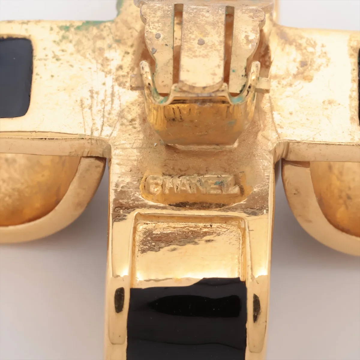 earrings (for both ears), gold-plated with faux pearls, gold and black finish. Shows signs of wear including — view 5