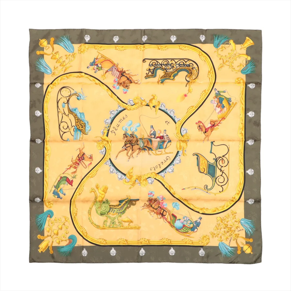 Carre 90 Plumes et Grelots (feathers and bells) scarf, silk, khaki x yellow. Shows wear,