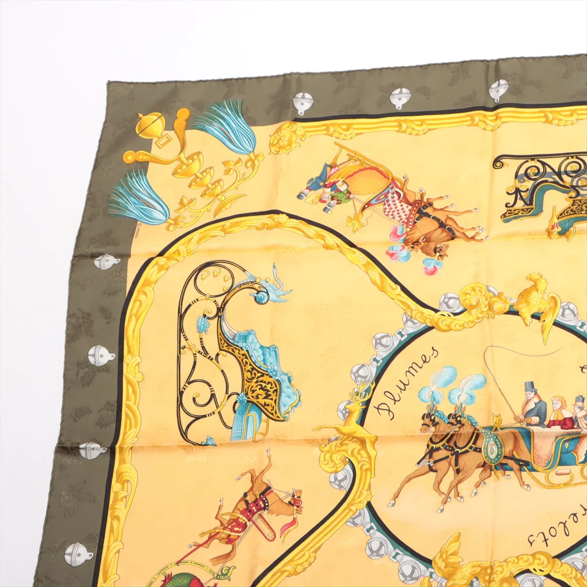 Carre 90 Plumes et Grelots (feathers and bells) scarf, silk, khaki x yellow. Shows wear, — view 2