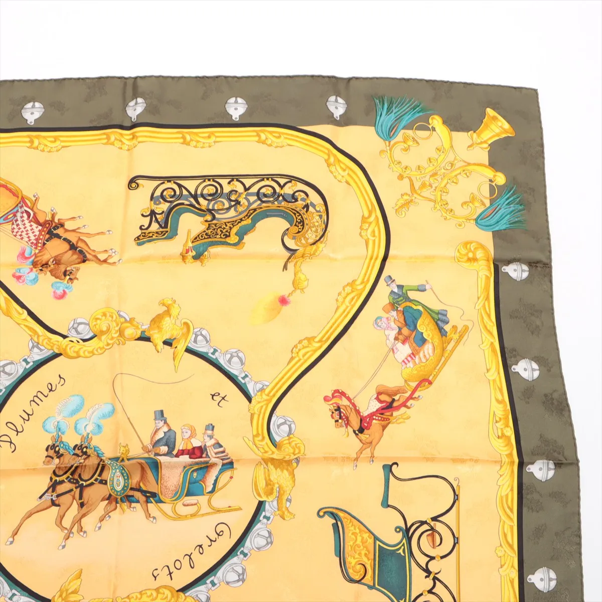 Carre 90 Plumes et Grelots (feathers and bells) scarf, silk, khaki x yellow. Shows wear, — view 3