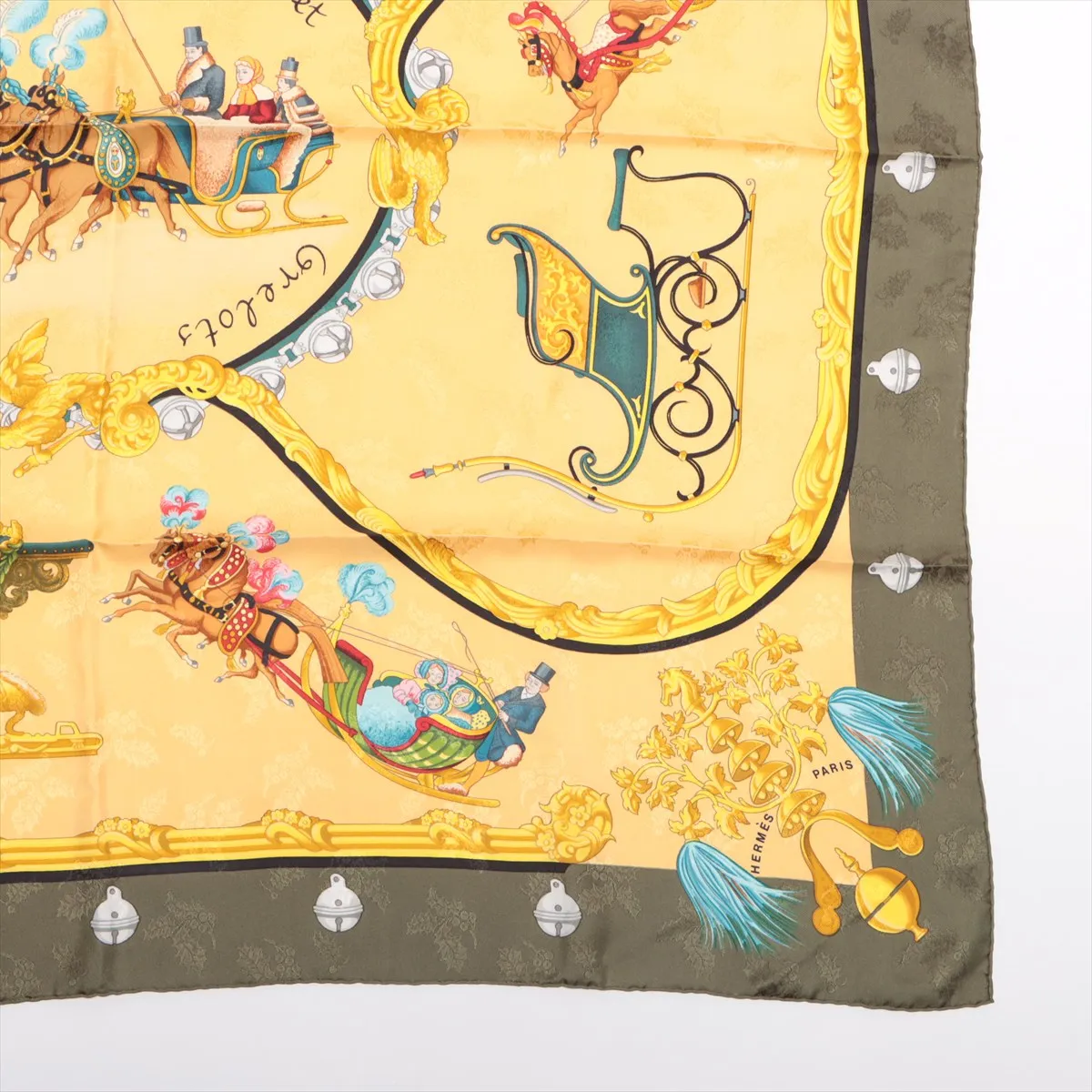 Carre 90 Plumes et Grelots (feathers and bells) scarf, silk, khaki x yellow. Shows wear, — view 4