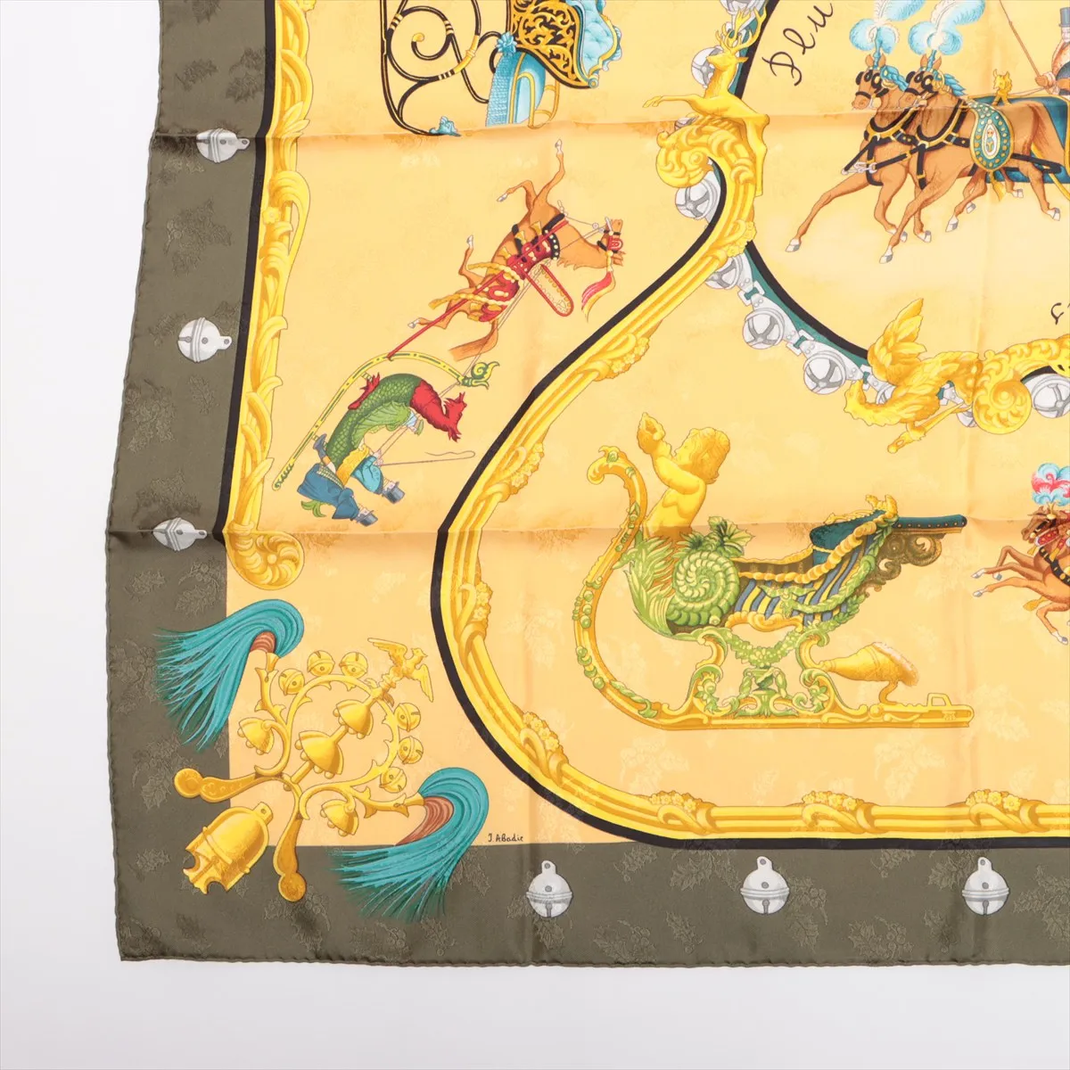 Carre 90 Plumes et Grelots (feathers and bells) scarf, silk, khaki x yellow. Shows wear, — view 5