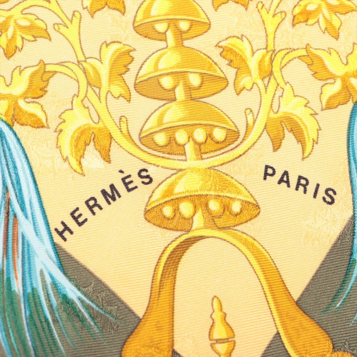 Carre 90 Plumes et Grelots (feathers and bells) scarf, silk, khaki x yellow. Shows wear, — view 6