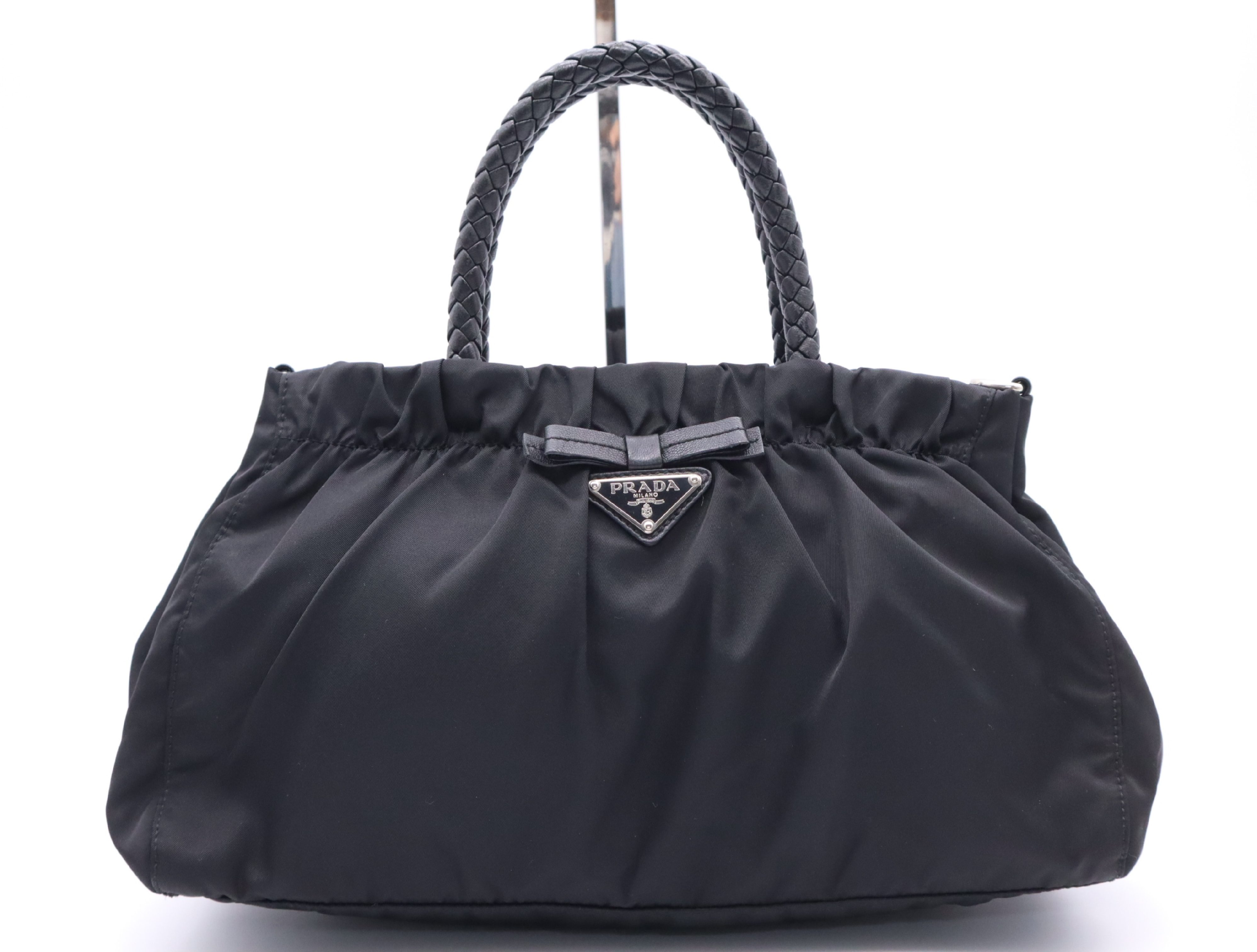 Nylon Triangle Logo Gathered Ribbon Handbag, Black with Silver Hardware