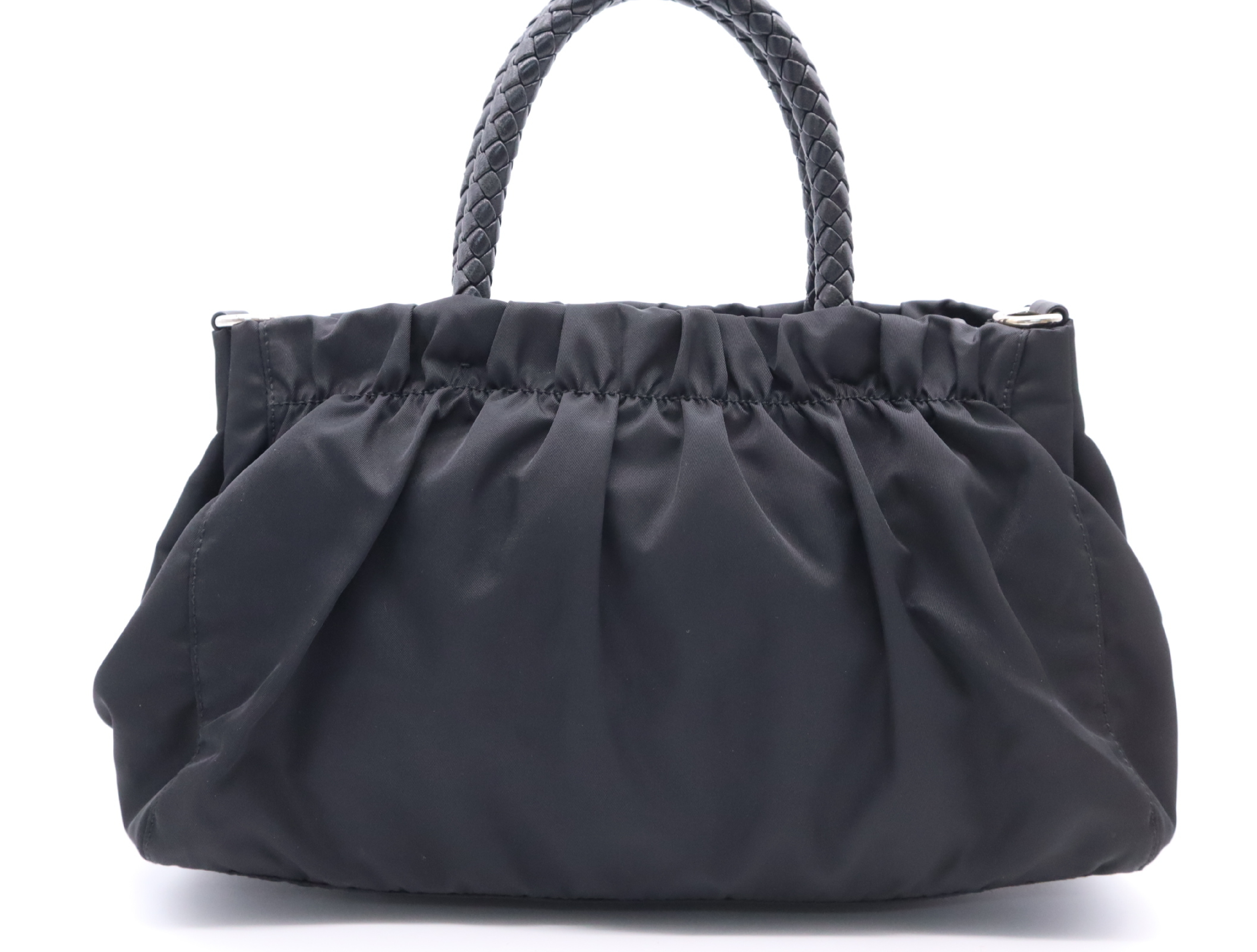 Nylon Triangle Logo Gathered Ribbon Handbag, Black with Silver Hardware — view 2
