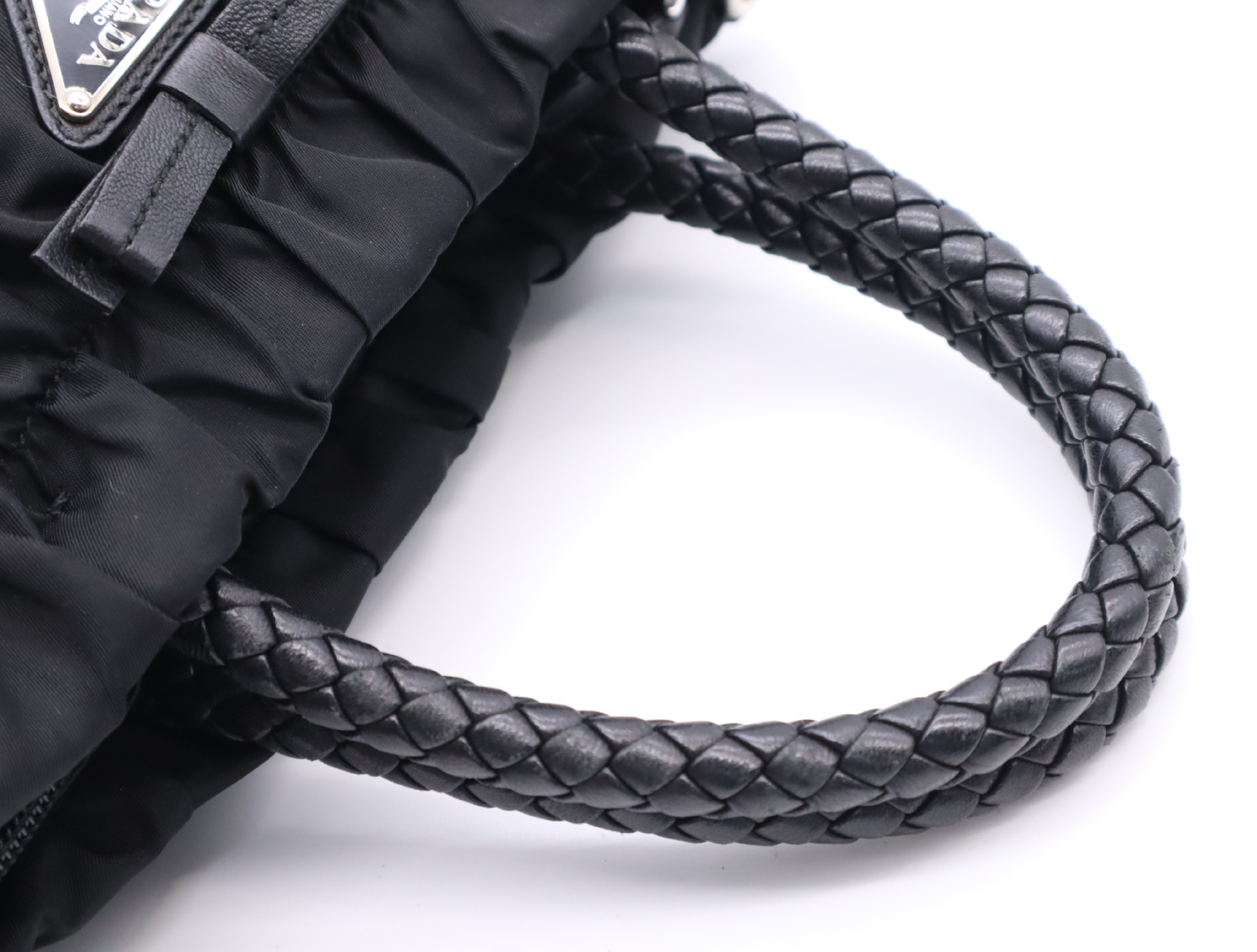 Nylon Triangle Logo Gathered Ribbon Handbag, Black with Silver Hardware — view 12