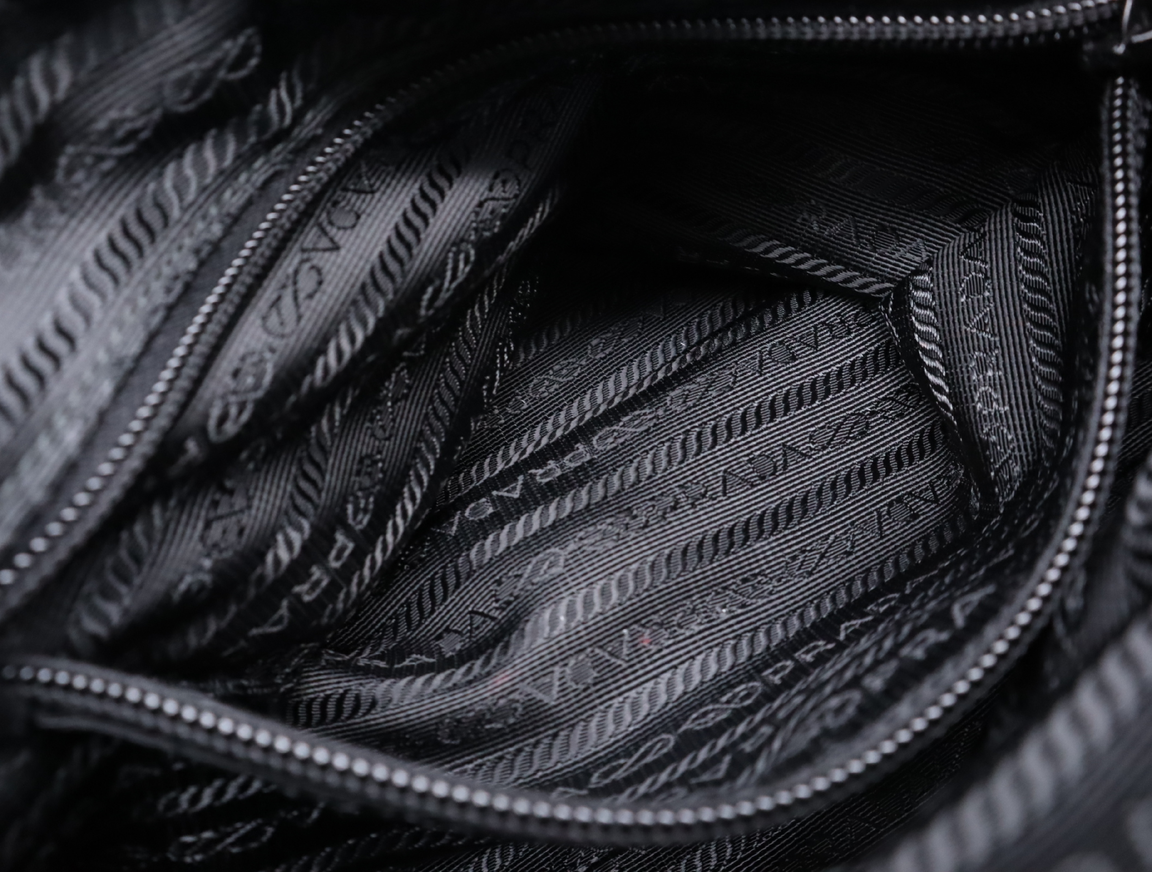 Nylon Triangle Logo Gathered Ribbon Handbag, Black with Silver Hardware — view 14