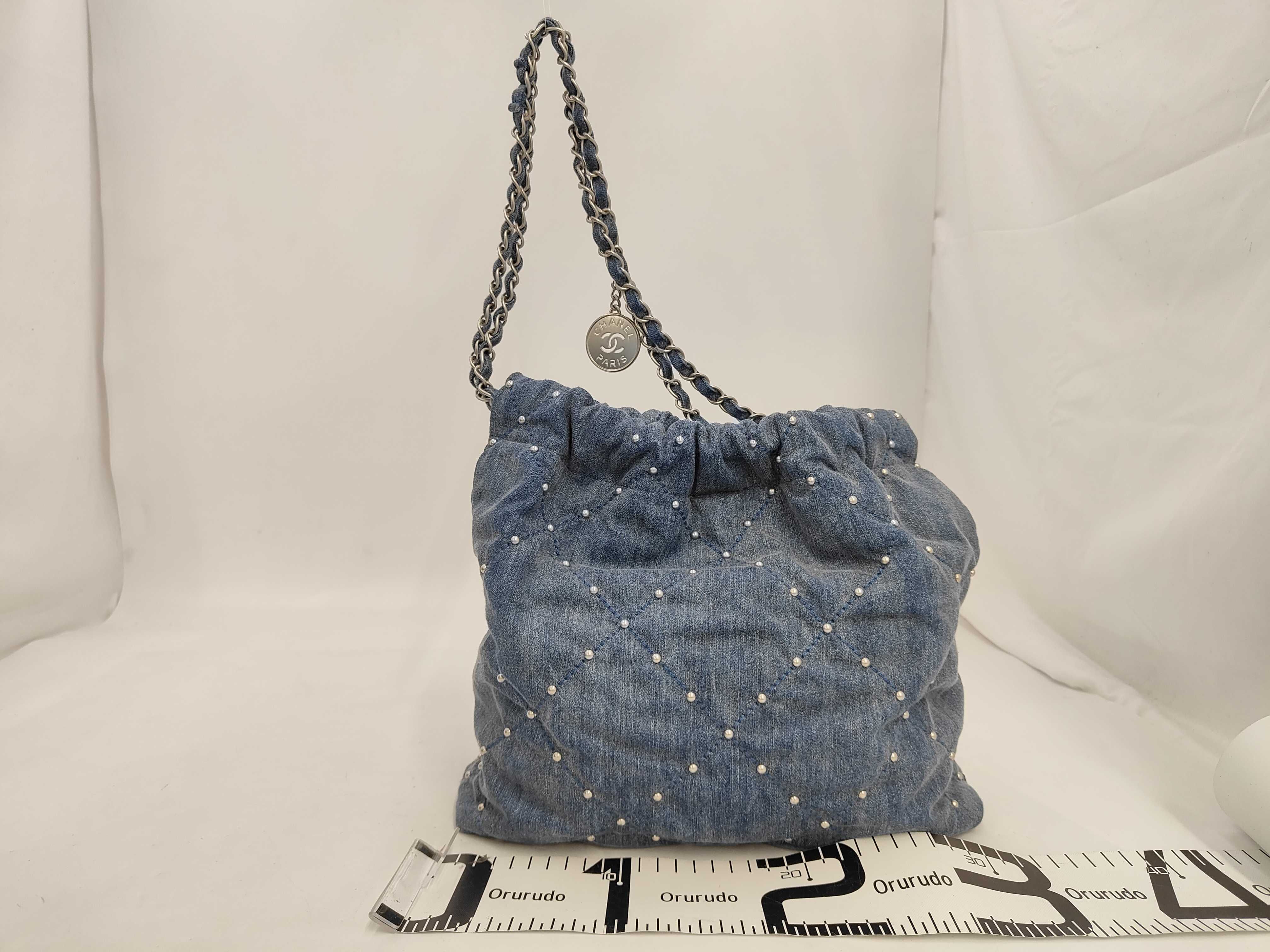 22 Small Denim x Stud Chain Shoulder Bag Blue Silver Hardware Bag — view 2