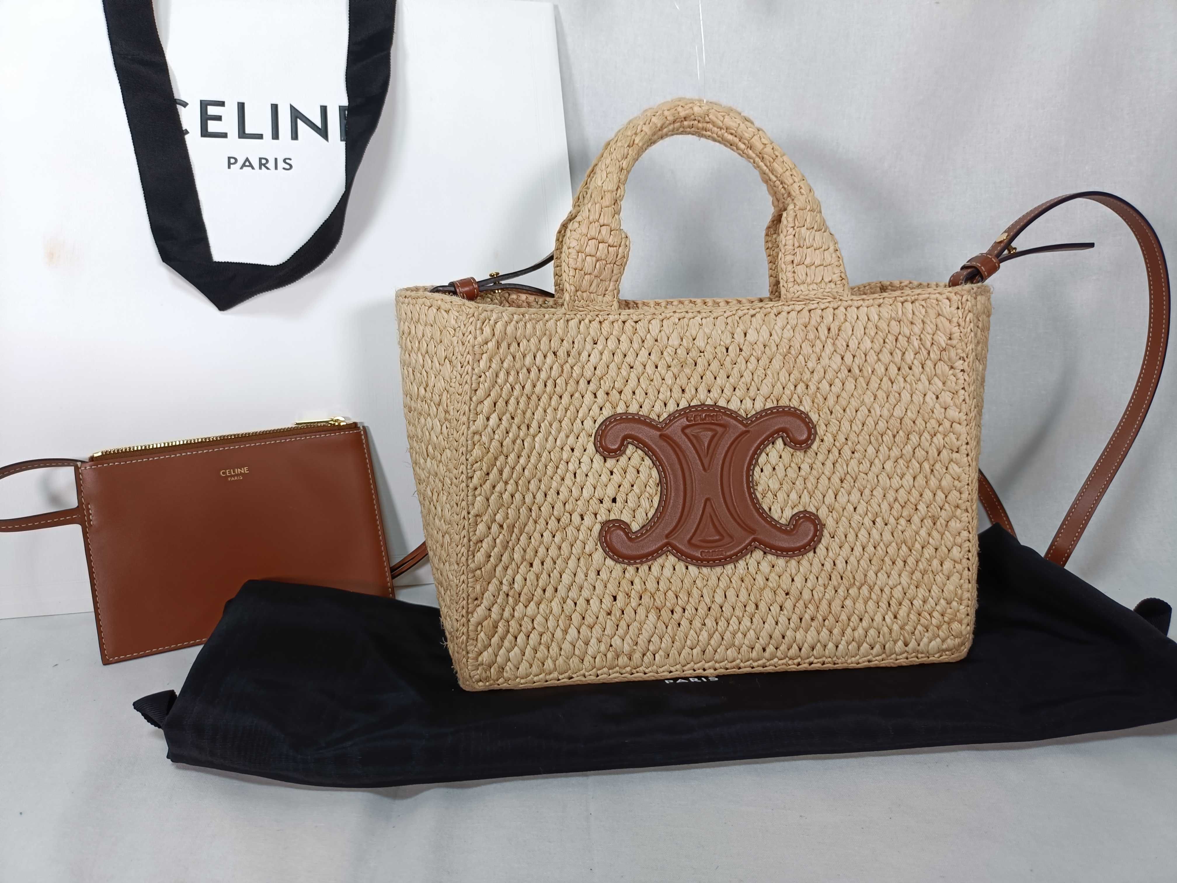Small Cabas Thais Raffia & Calfskin Shoulder Bag