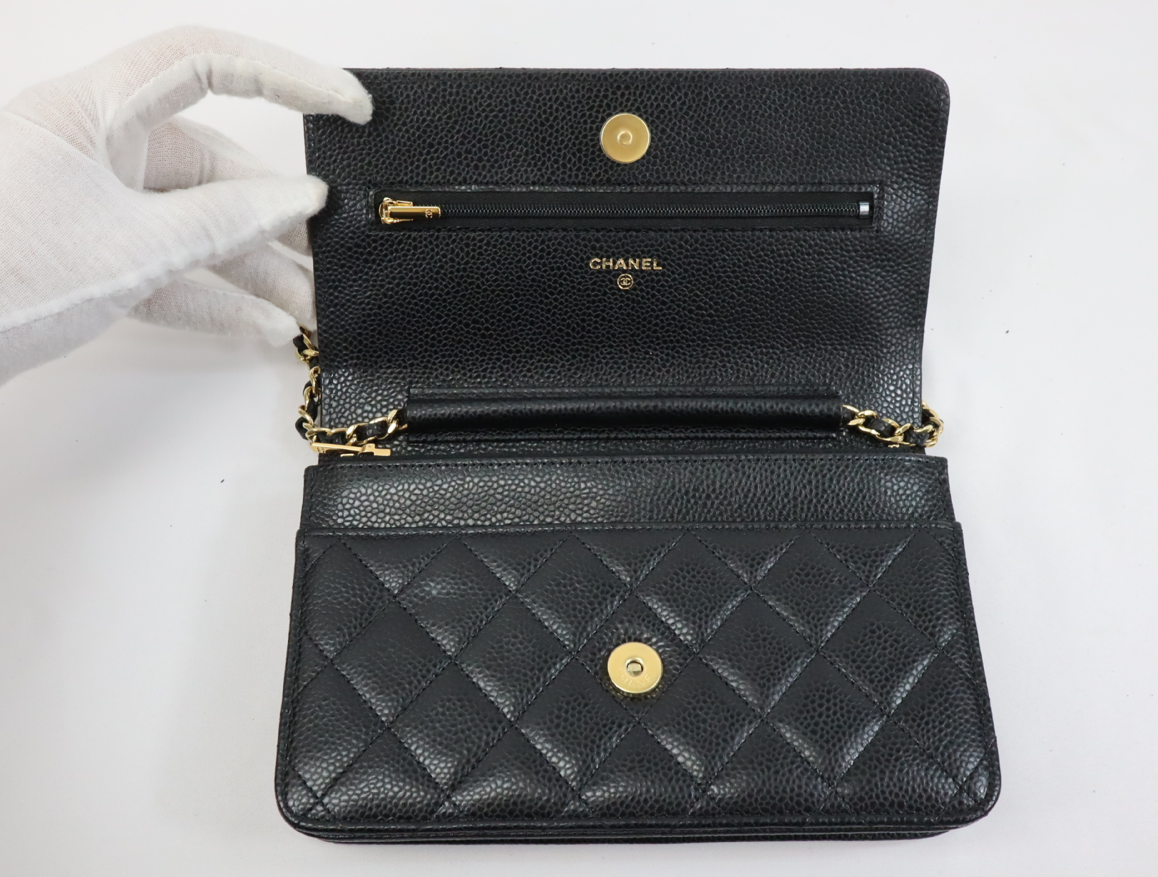 Chanel Matelassé Caviar Skin Chain Wallet Black Gold Hardware Random Plate AP0250 Shoulder Bag — view 12