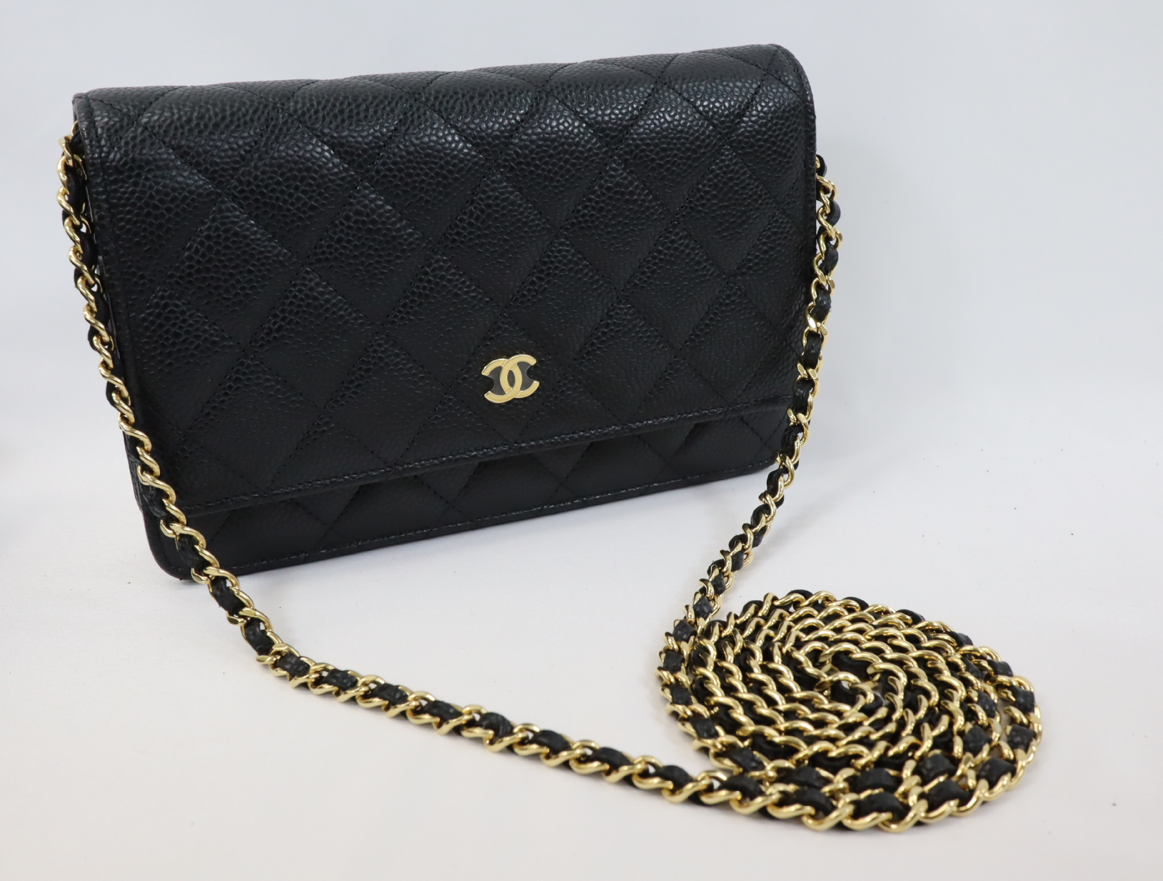 Chanel Matelassé Caviar Skin Chain Wallet Black Gold Hardware Random Plate AP0250 Shoulder Bag — view 3