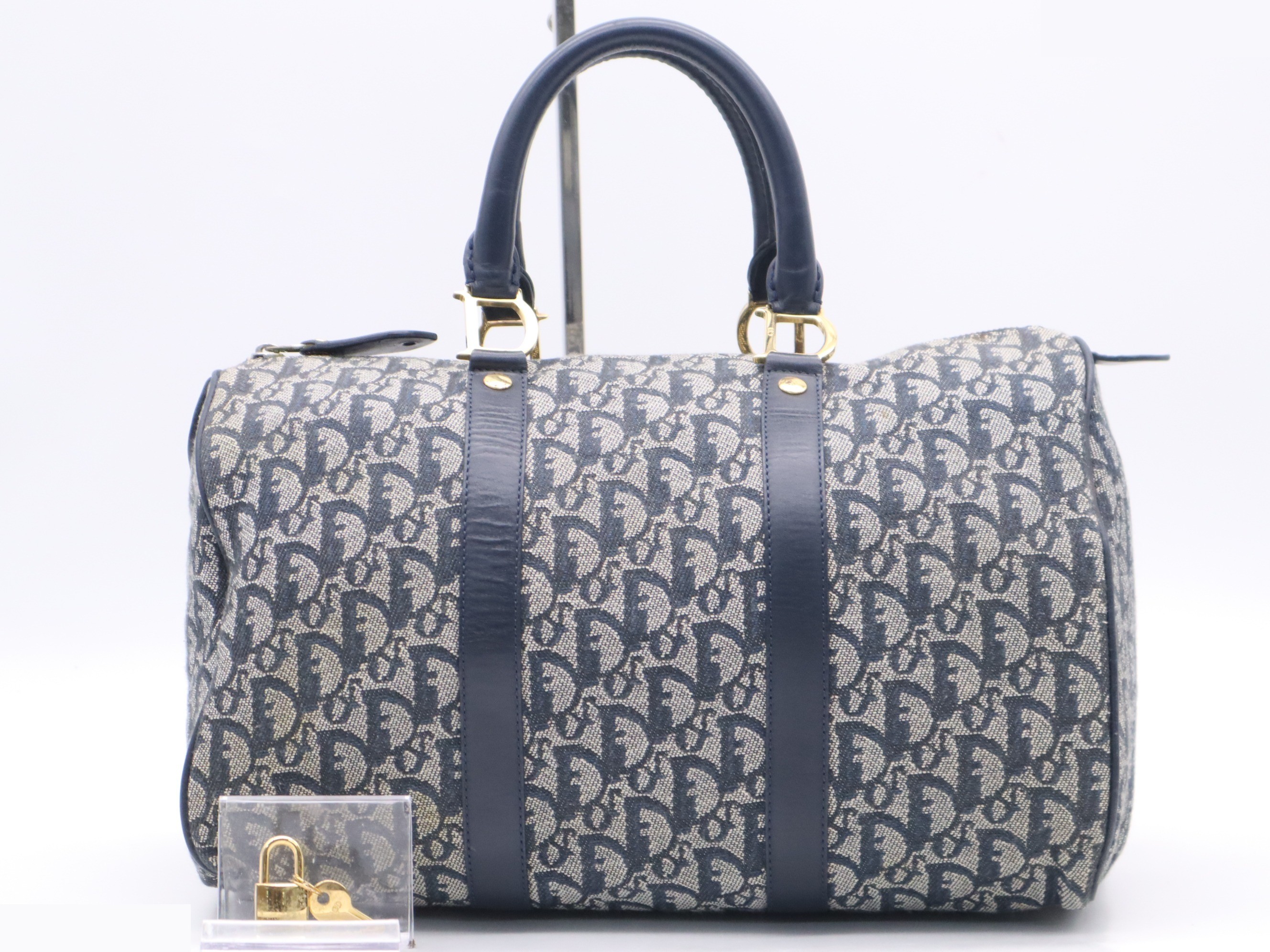 Canvas and leather Boston bag, Trotter style, navy, gold hardware.