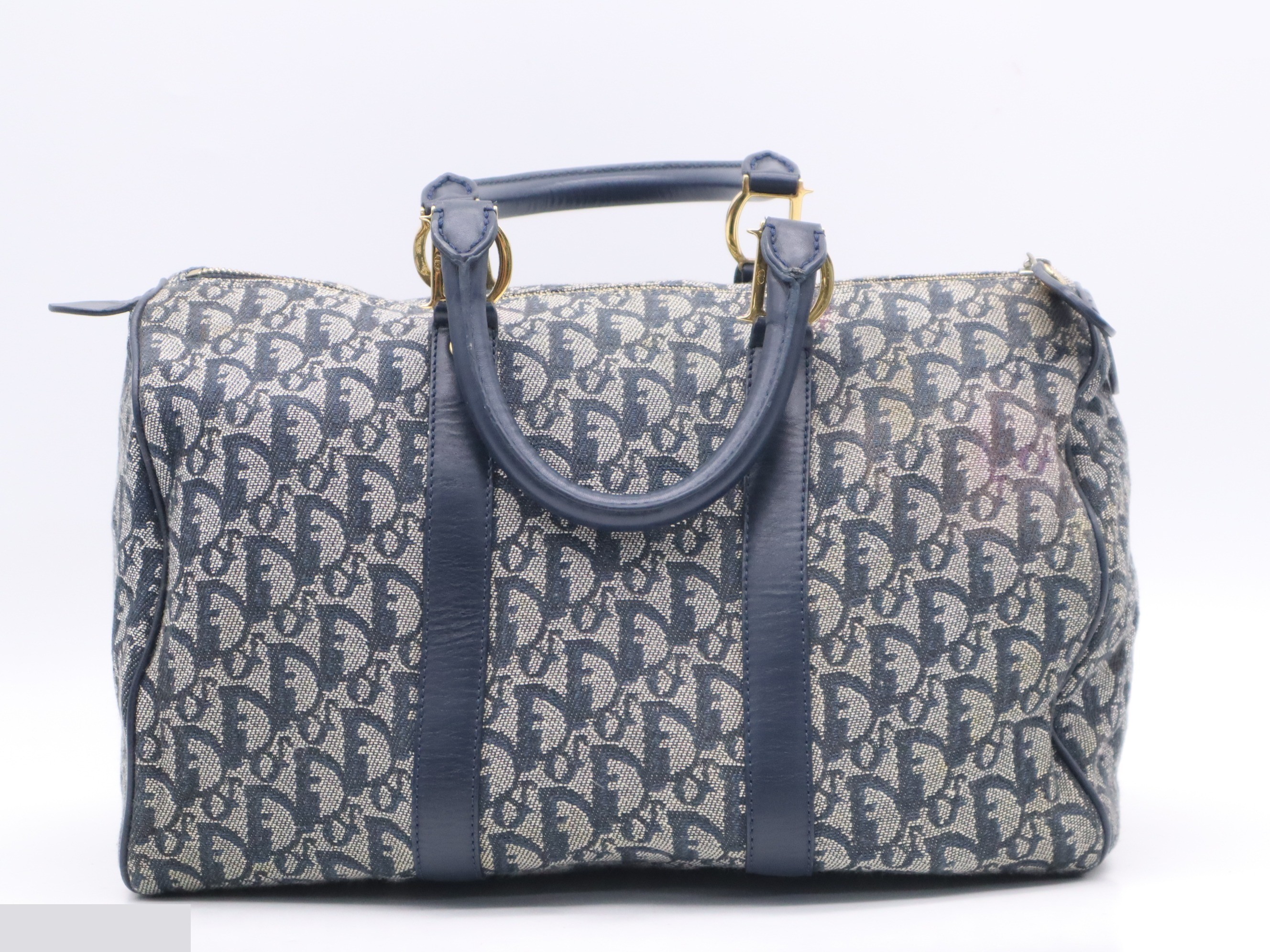 Canvas and leather Boston bag, Trotter style, navy, gold hardware. — view 2