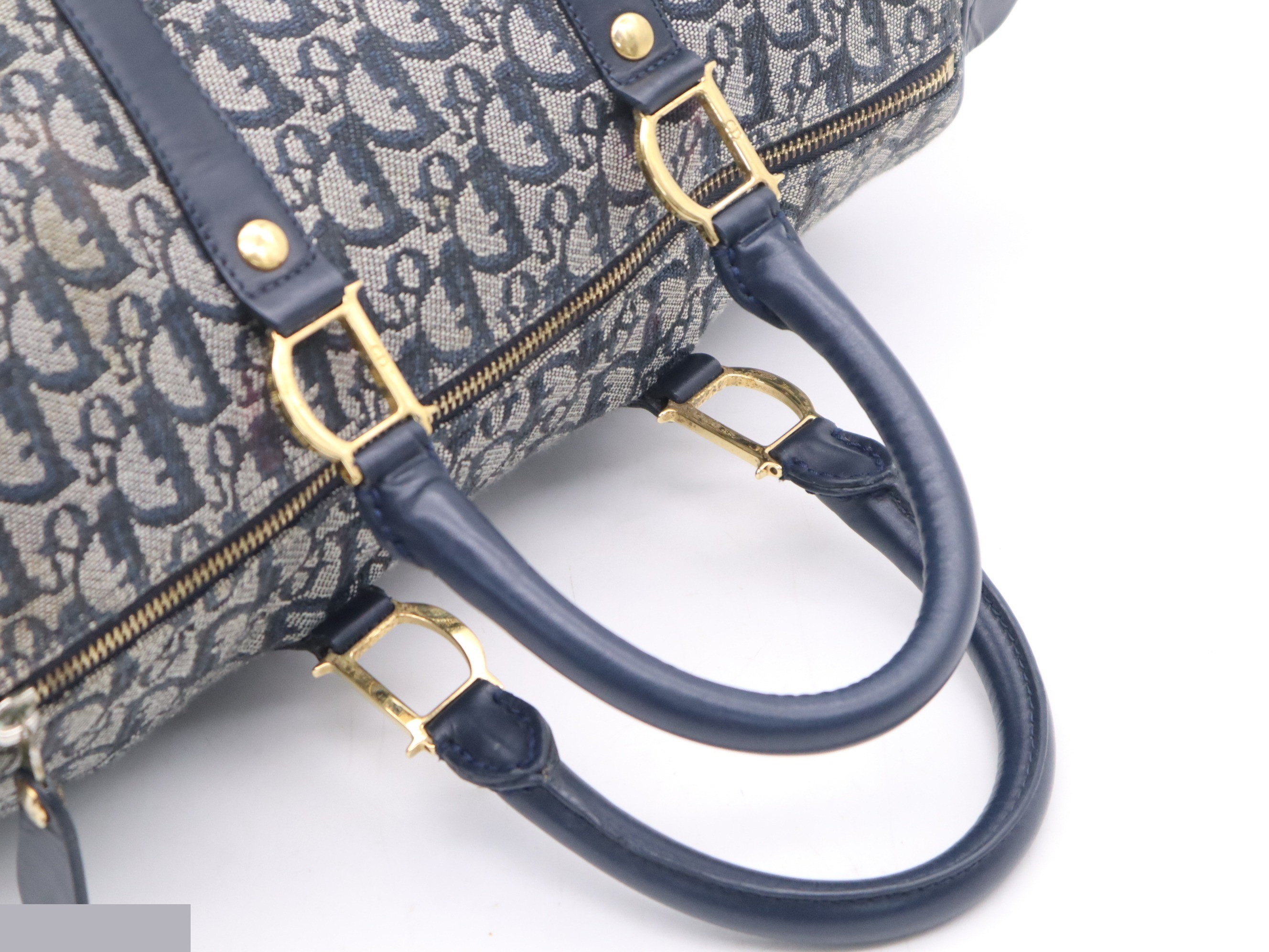 Canvas and leather Boston bag, Trotter style, navy, gold hardware. — view 6