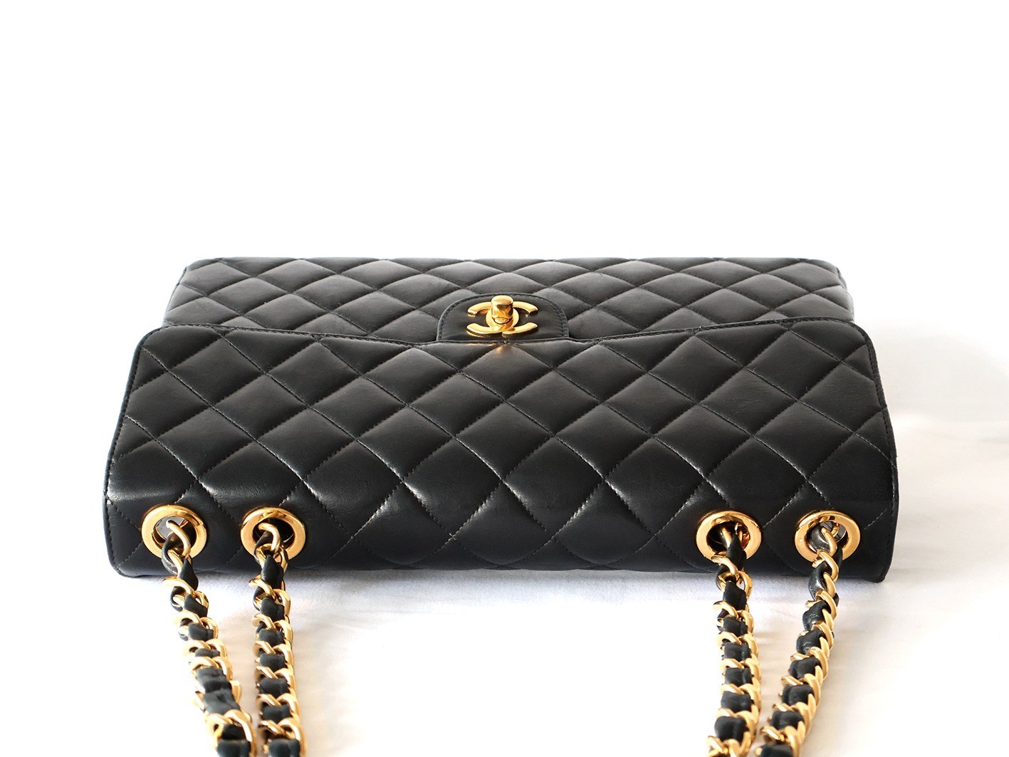 Large Matelassé Lambskin Double Chain Shoulder Bag, Black — view 8