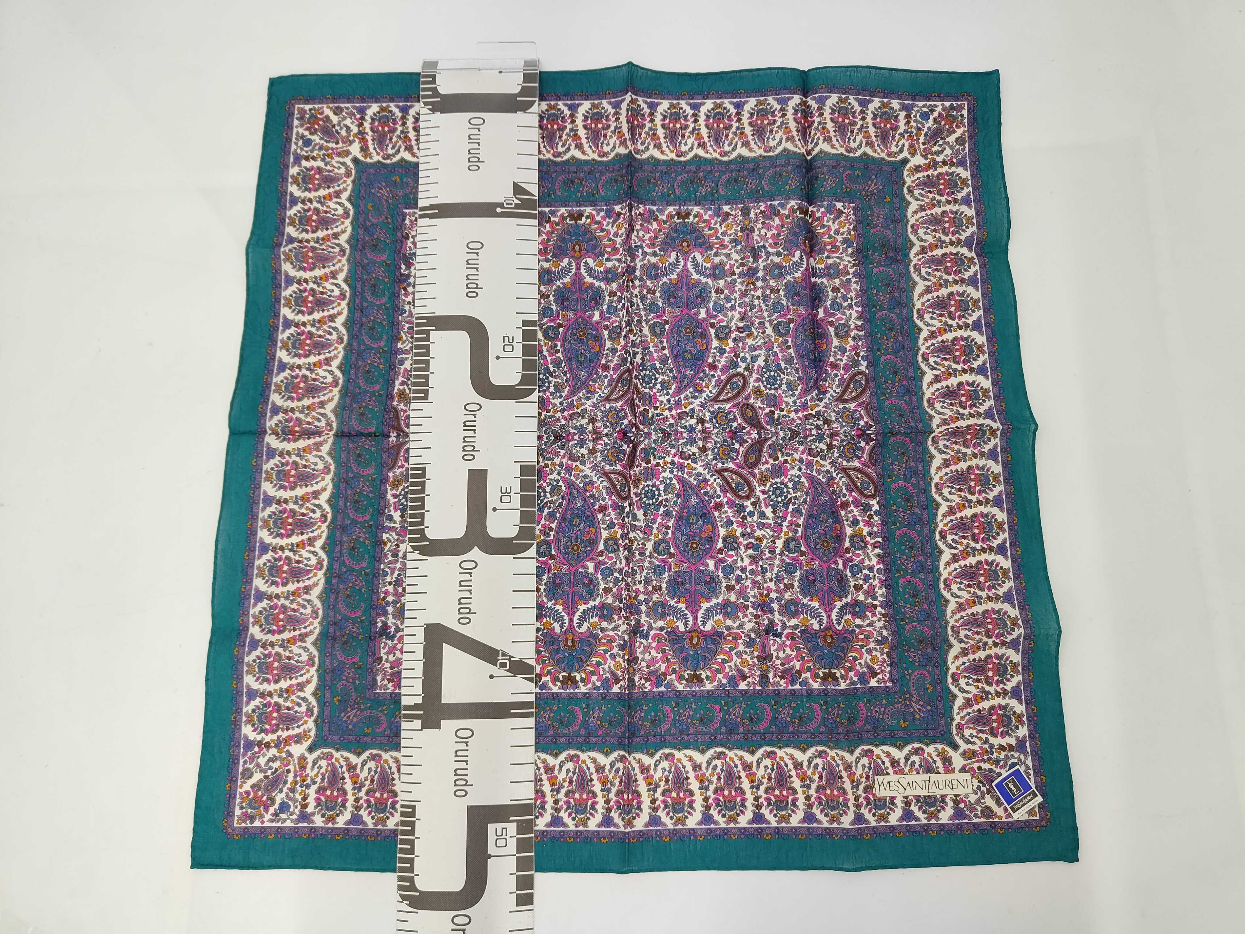 handkerchief/scarf with sticker, large size, paisley pattern, emerald green, and other accessories. — view 2