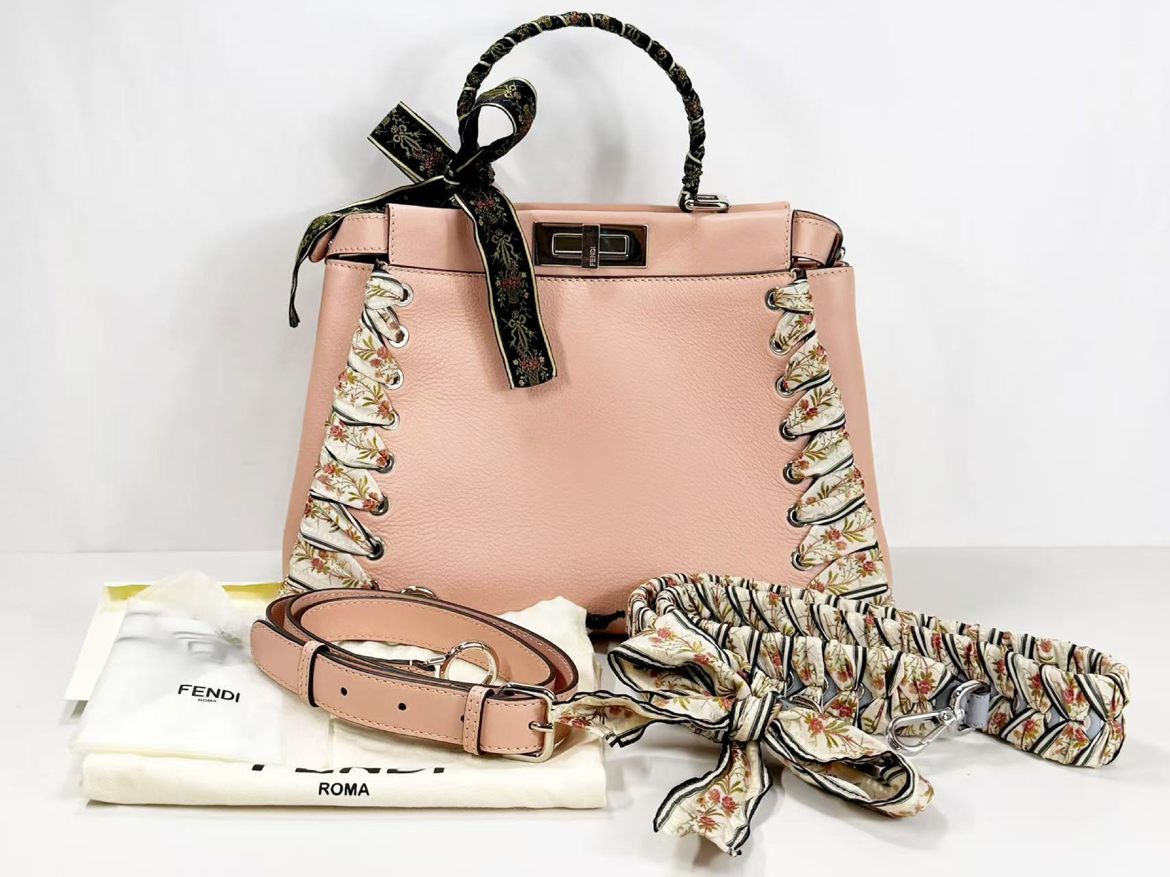Peekaboo Ribbon Handbag, Baby Pink, W34/H24/D14cm (approx.), includes booklet, rain cover, and two shoulder straps. Stamped 8BN290. Silver hardware.