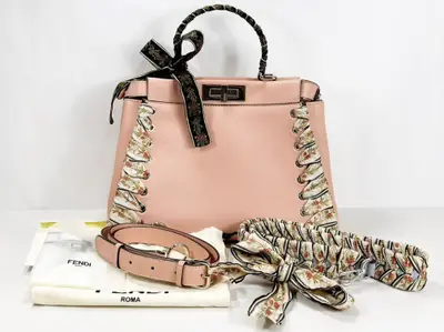 Peekaboo Ribbon Handbag, Baby Pink, W34/H24/D14cm (approx.), includes booklet, rain cover, and two shoulder straps. Stamped 8BN290. Silver hardware.