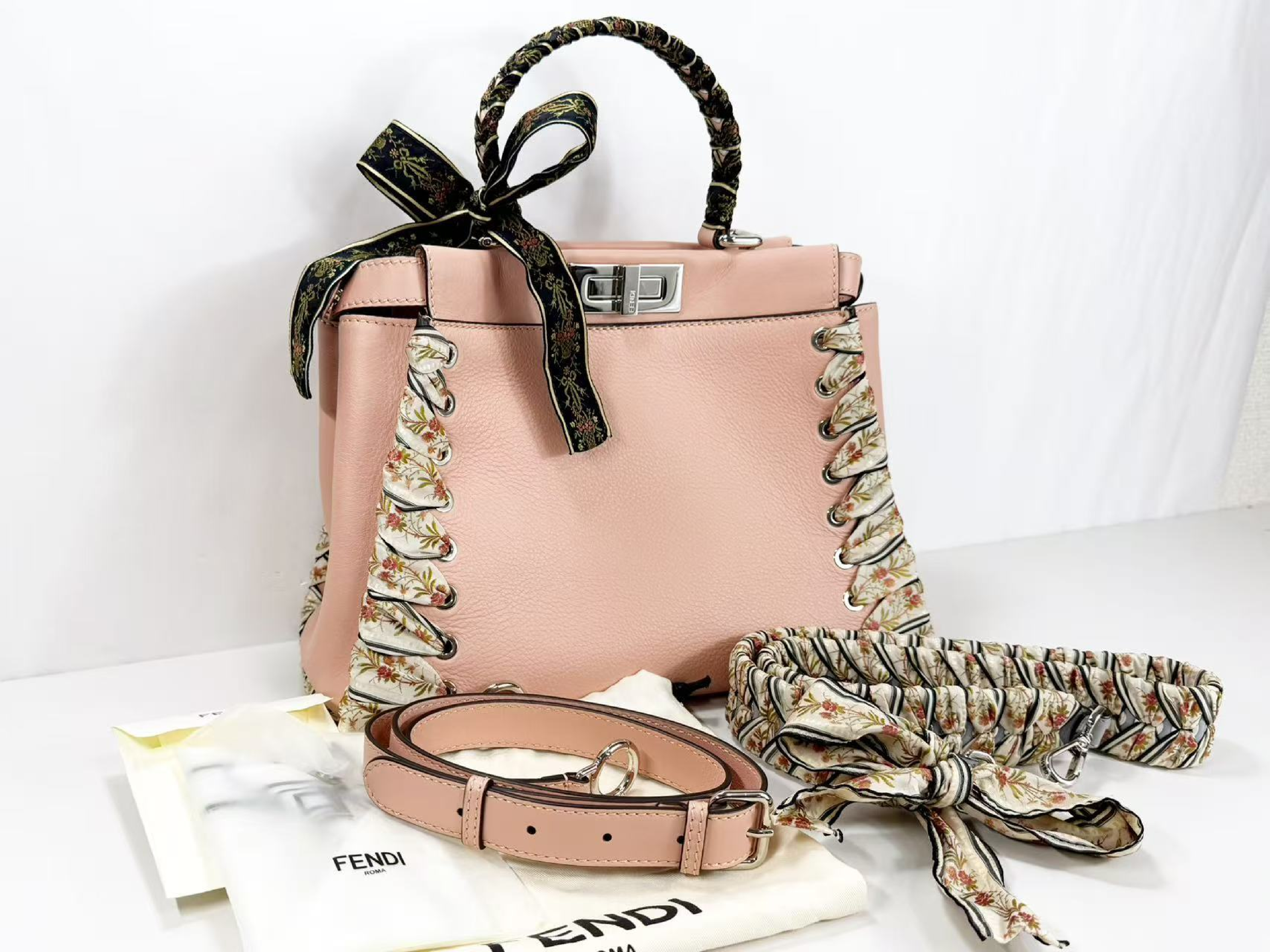 Peekaboo Ribbon Handbag, Baby Pink, W34/H24/D14cm (approx.), includes booklet, rain cover, and two shoulder straps. Stamped 8BN290. Silver hardware. — view 2