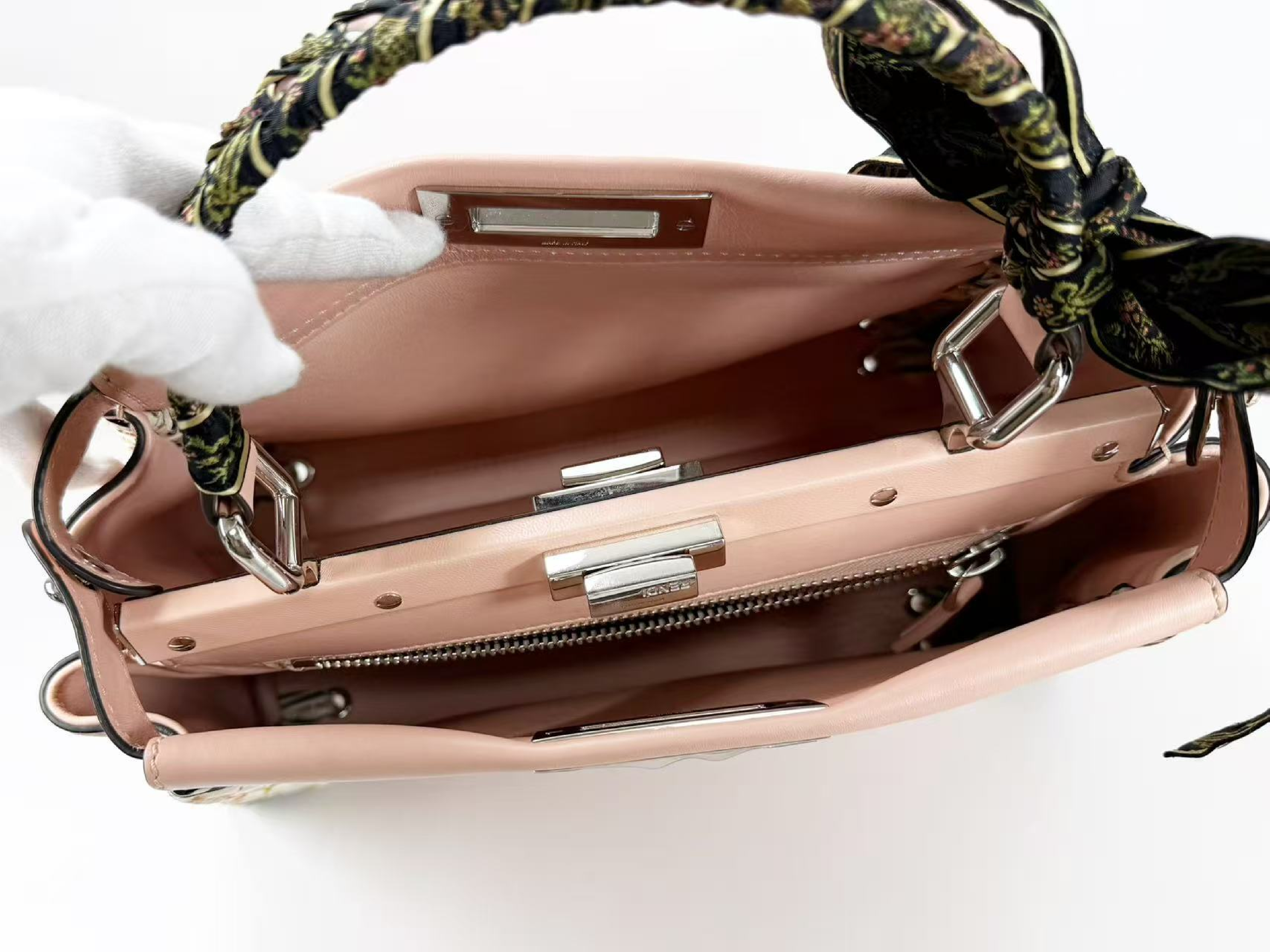 Peekaboo Ribbon Handbag, Baby Pink, W34/H24/D14cm (approx.), includes booklet, rain cover, and two shoulder straps. Stamped 8BN290. Silver hardware. — view 12