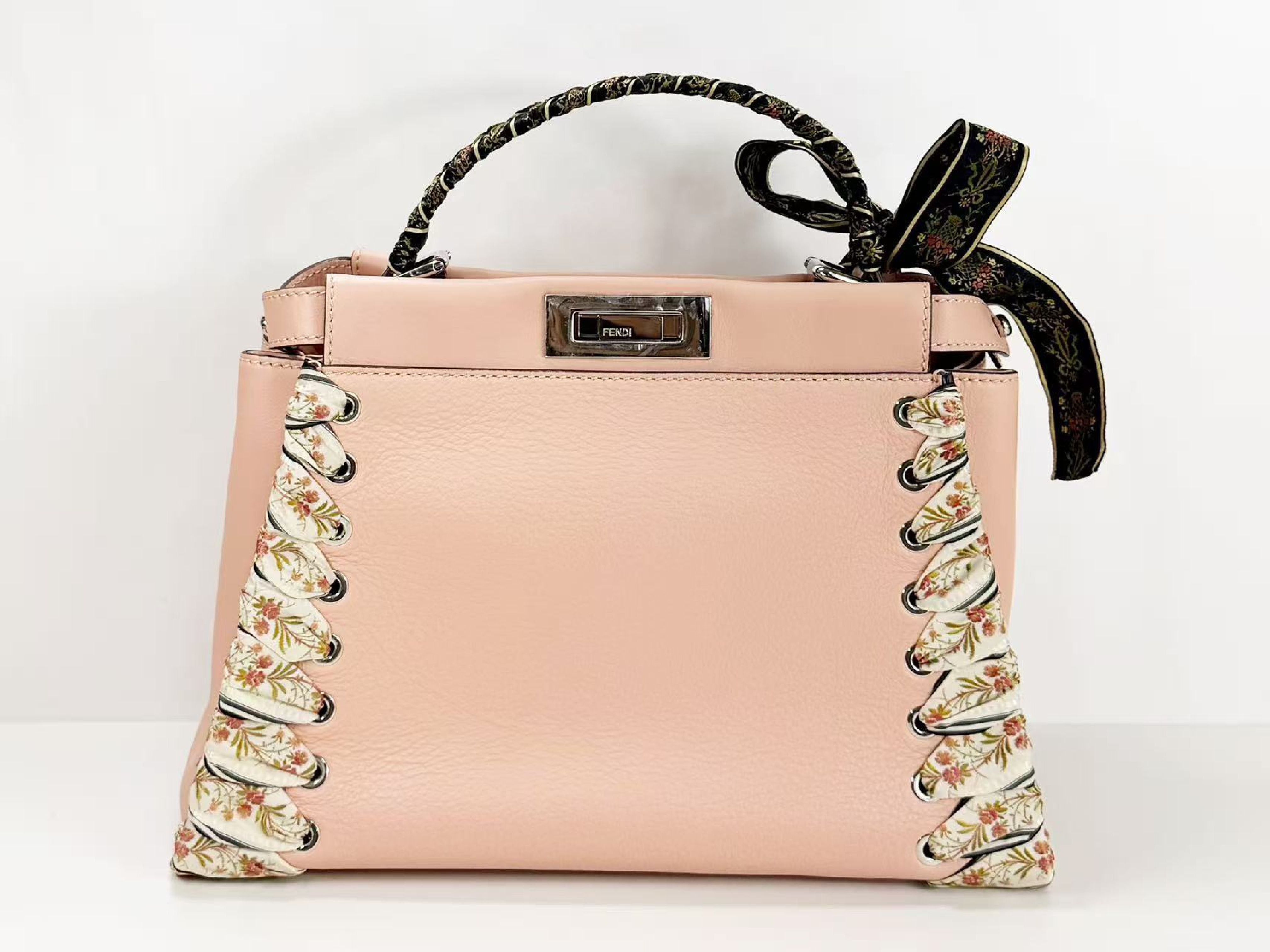 Peekaboo Ribbon Handbag, Baby Pink, W34/H24/D14cm (approx.), includes booklet, rain cover, and two shoulder straps. Stamped 8BN290. Silver hardware. — view 3