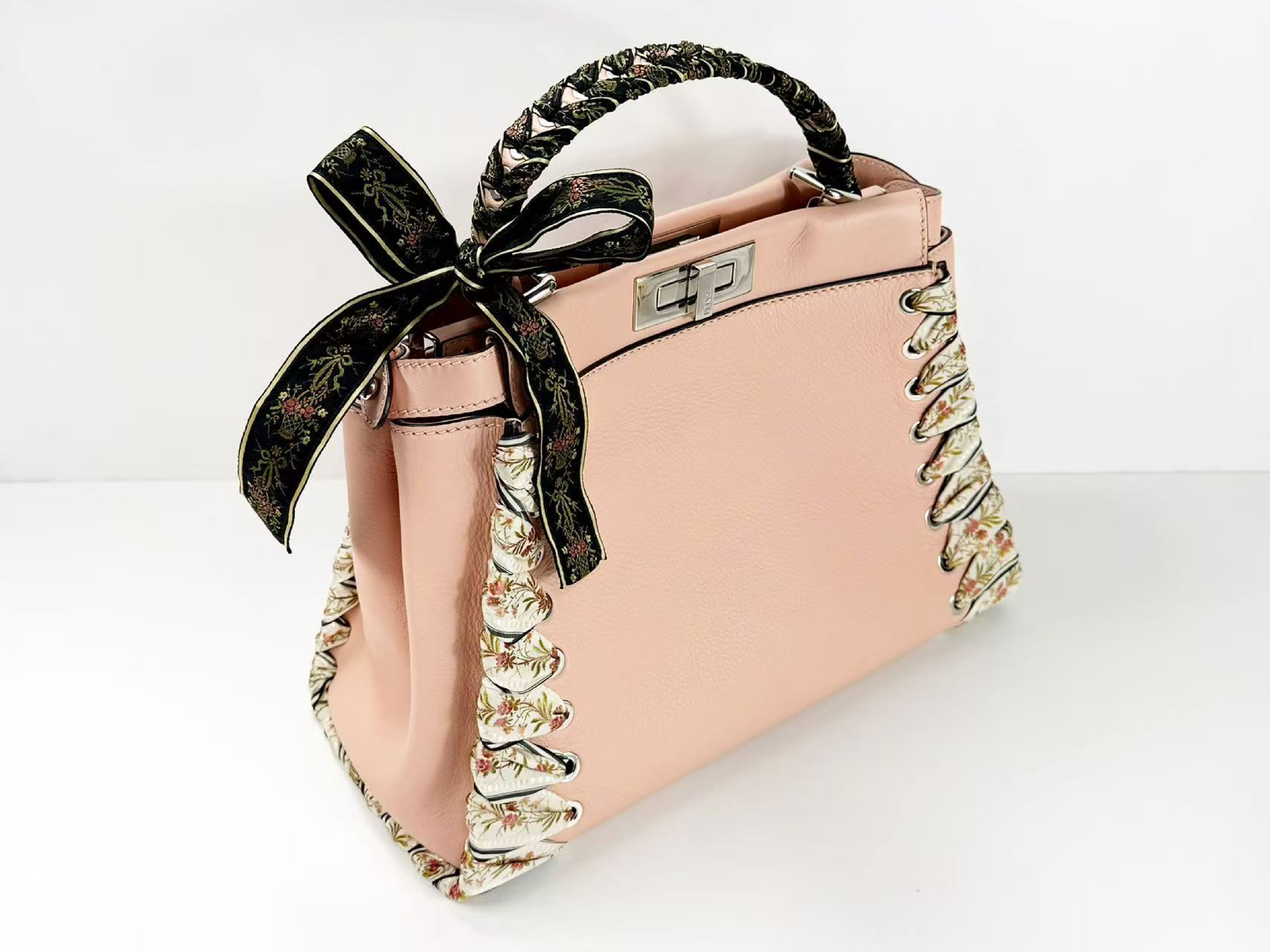 Peekaboo Ribbon Handbag, Baby Pink, W34/H24/D14cm (approx.), includes booklet, rain cover, and two shoulder straps. Stamped 8BN290. Silver hardware. — view 6