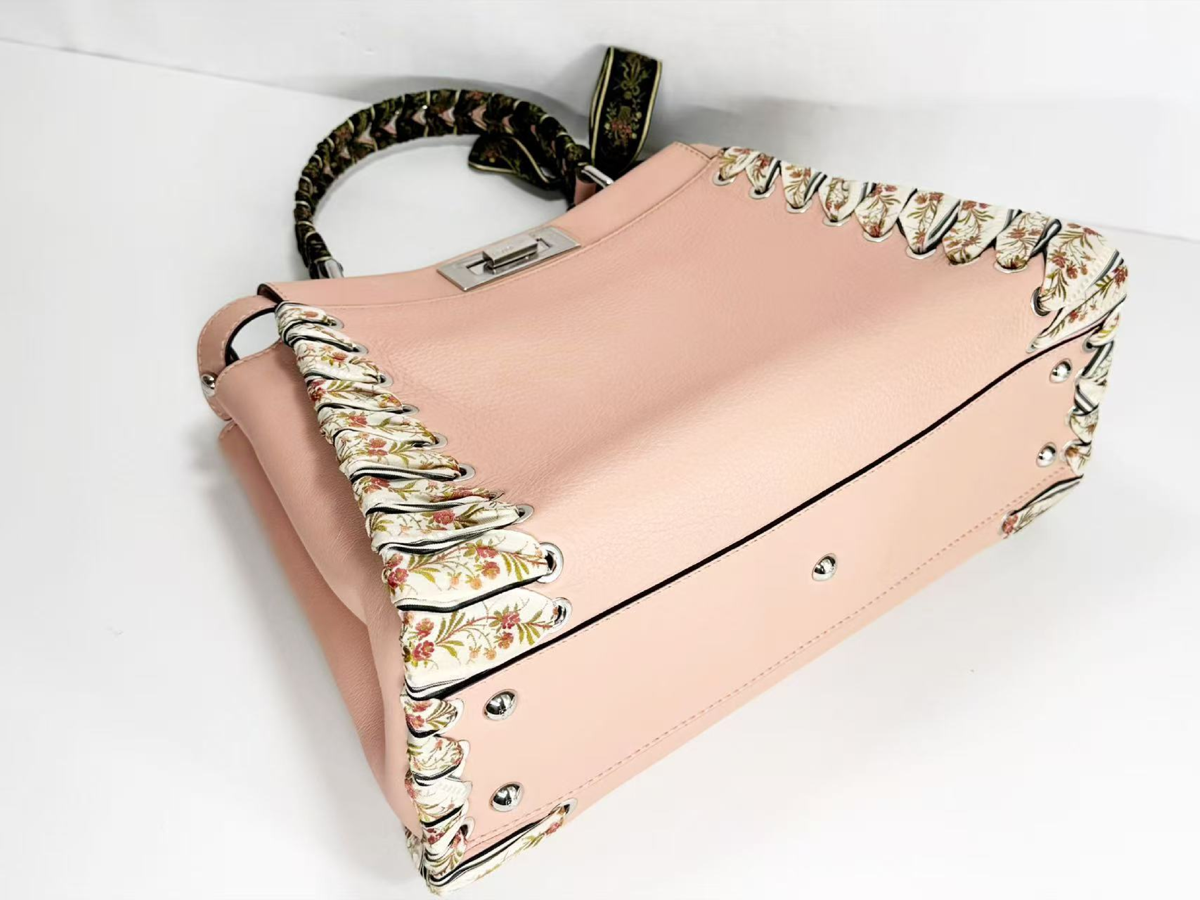 Peekaboo Ribbon Handbag, Baby Pink, W34/H24/D14cm (approx.), includes booklet, rain cover, and two shoulder straps. Stamped 8BN290. Silver hardware. — view 10
