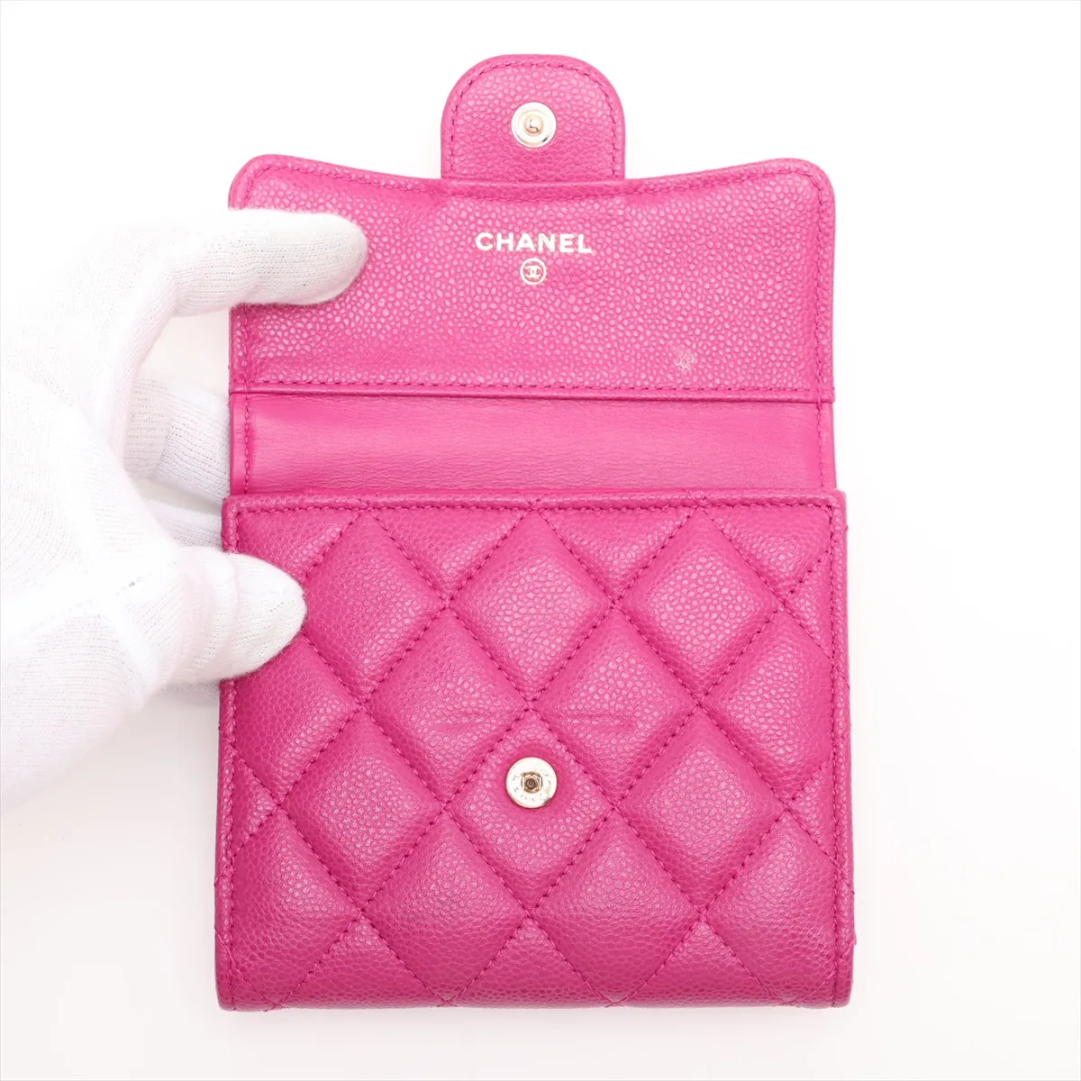 Matelassé Caviar Skin Compact Wallet, Purple, Gold Hardware, L1E77T3K — view 3