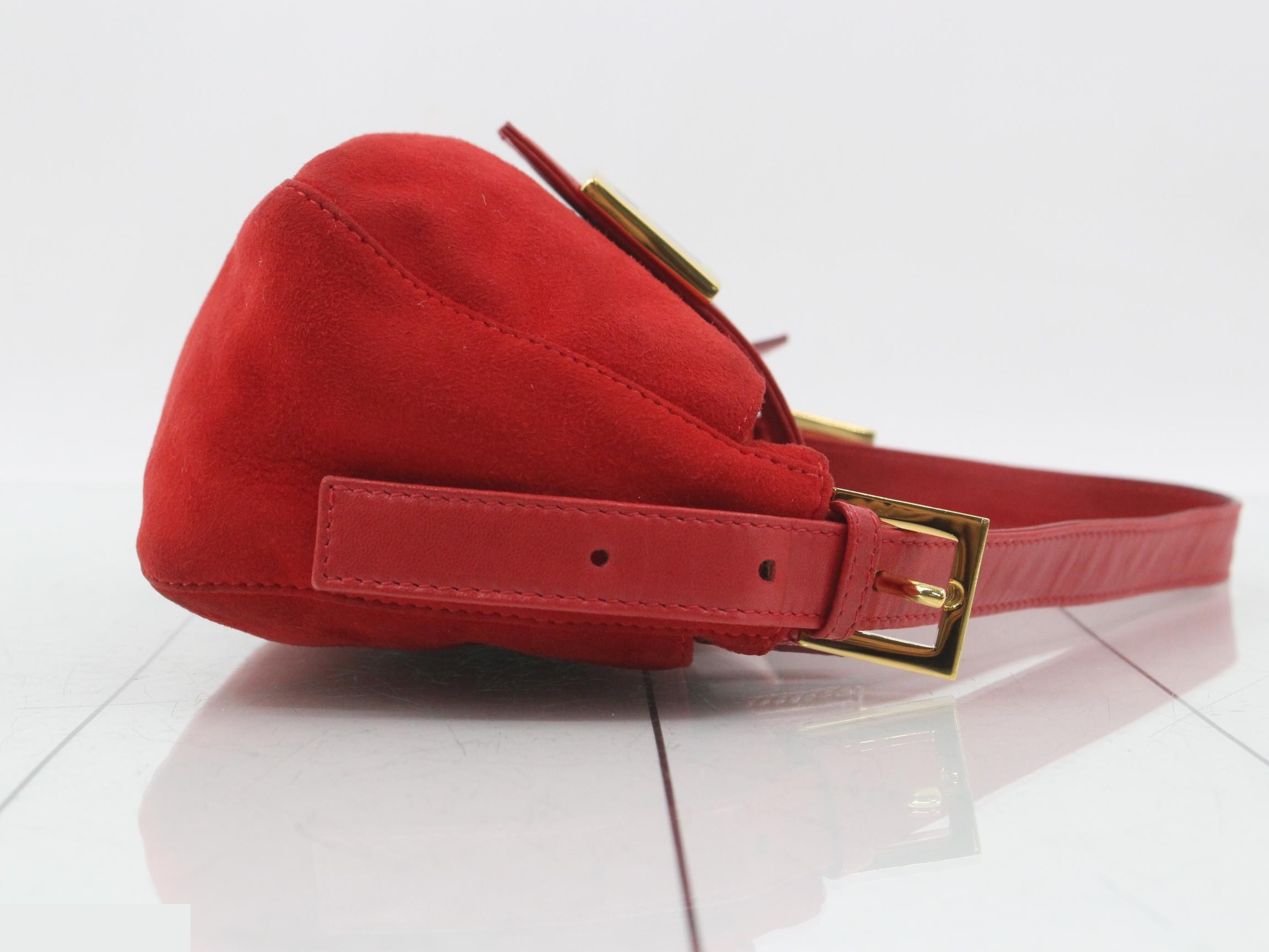 Bucket bag, mini hobo style, suede, red x purple, gold hardware, dust bag included. — view 3