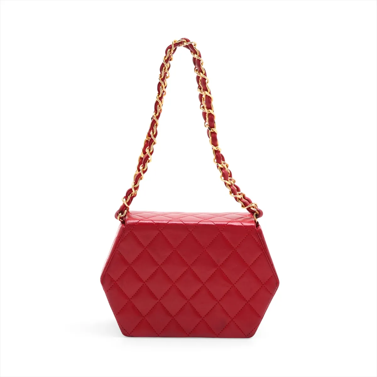 Matelassé Lambskin Chain Handbag, Octagon Shape, Red with Gold Hardware — view 2